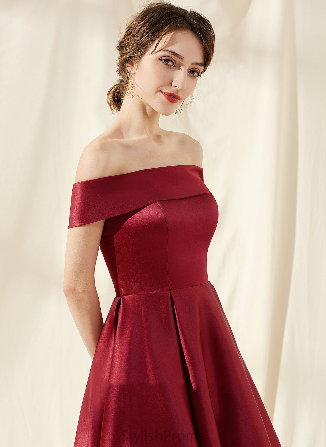 Off-the-Shoulder Asymmetrical Satin Dress Pockets Alaina Cocktail Dresses A-Line Cocktail With