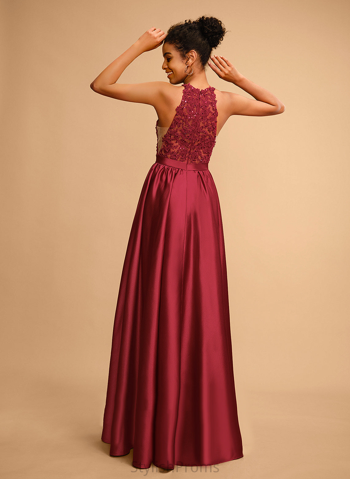 With Ball-Gown/Princess Lace Floor-Length Satin Prom Dresses Sequins Tamara Halter