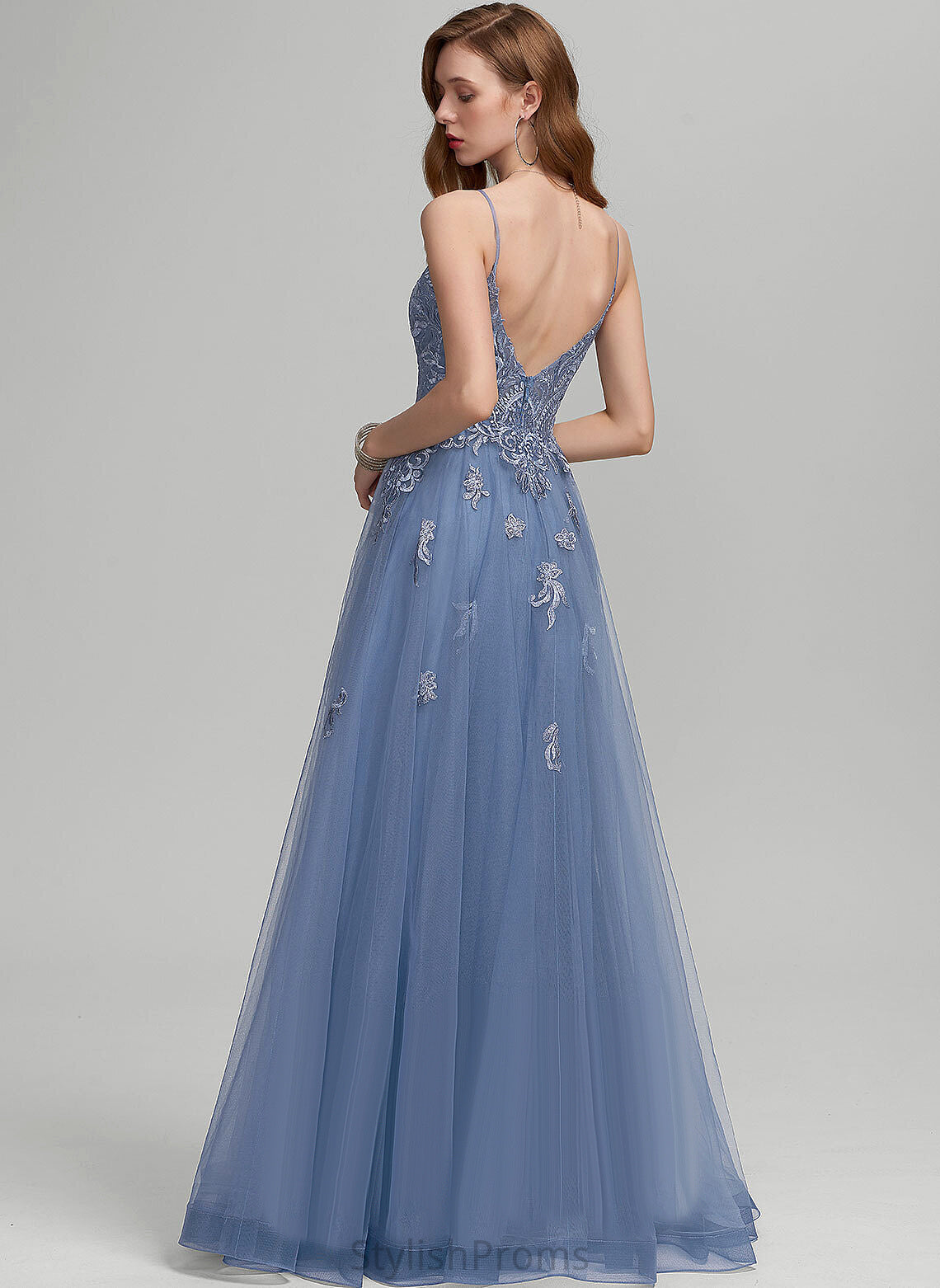 A-Line Floor-Length Prom Dresses V-neck Nora Lace Tulle With Sequins