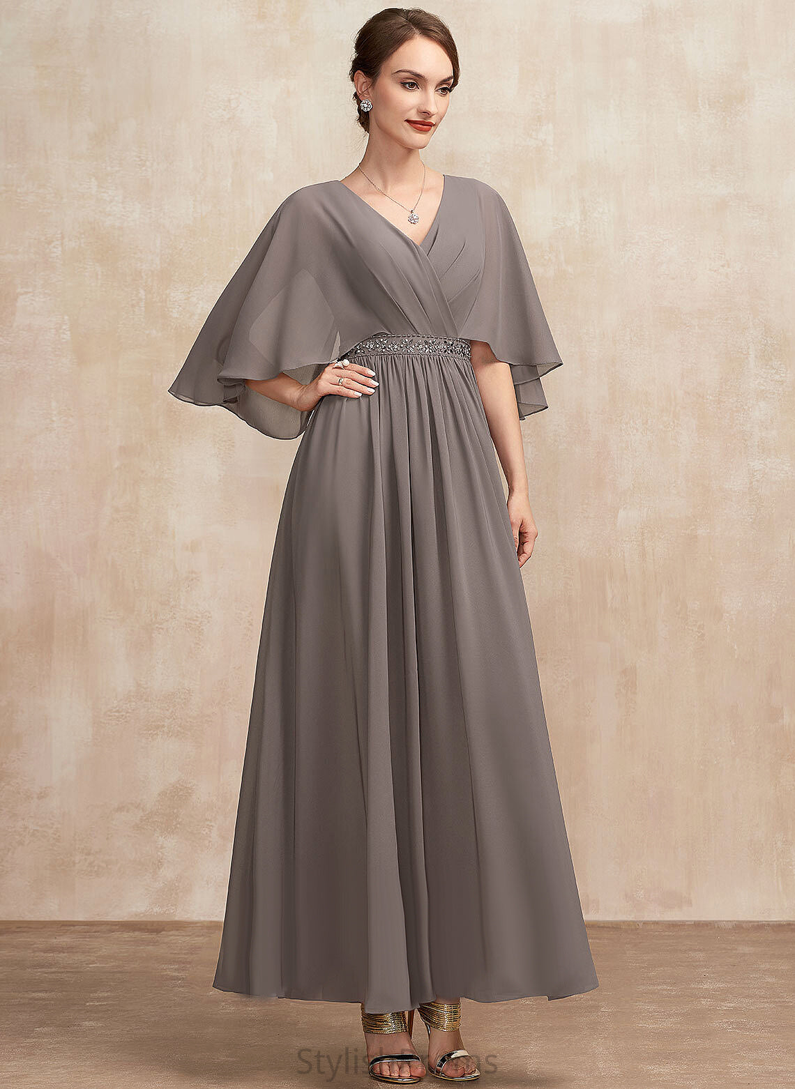 Paulina Ankle-Length Cocktail Dresses V-neck A-Line Cocktail Ruffle Beading Dress Chiffon With