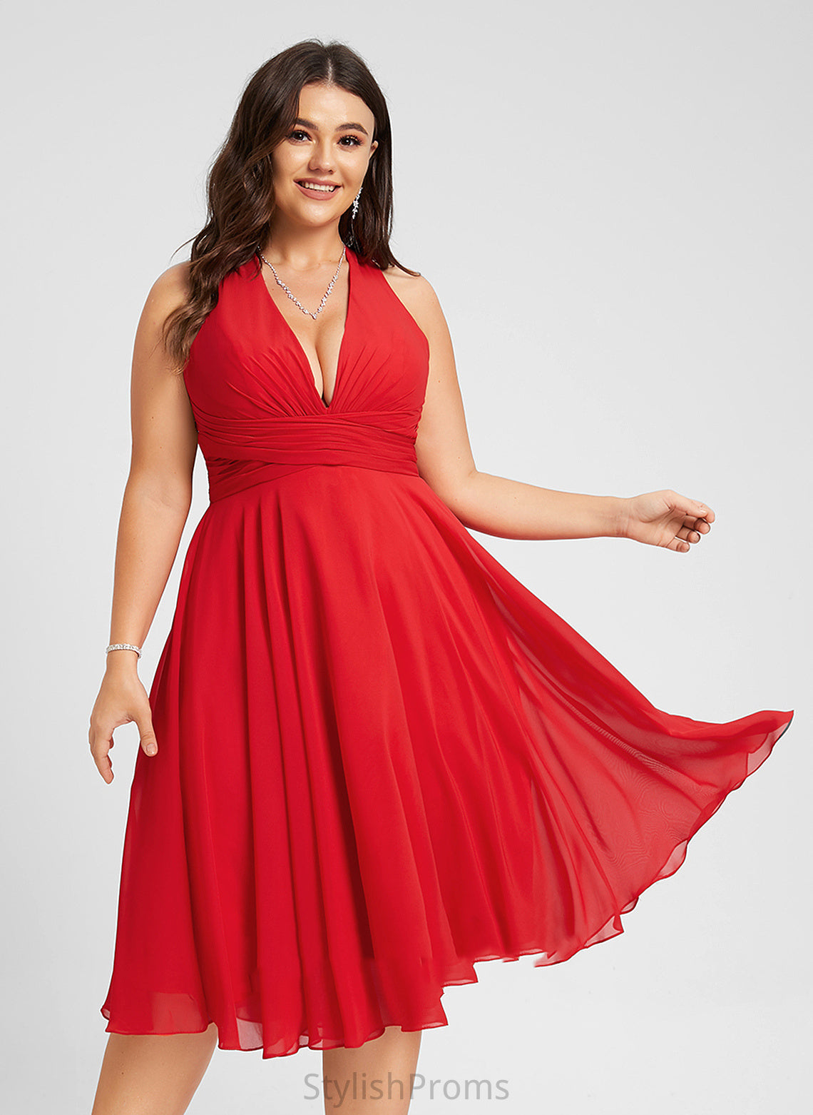 V-neck Dress Knee-Length Chiffon Cocktail A-Line Cocktail Dresses Ruffle Cierra With Bow(s)