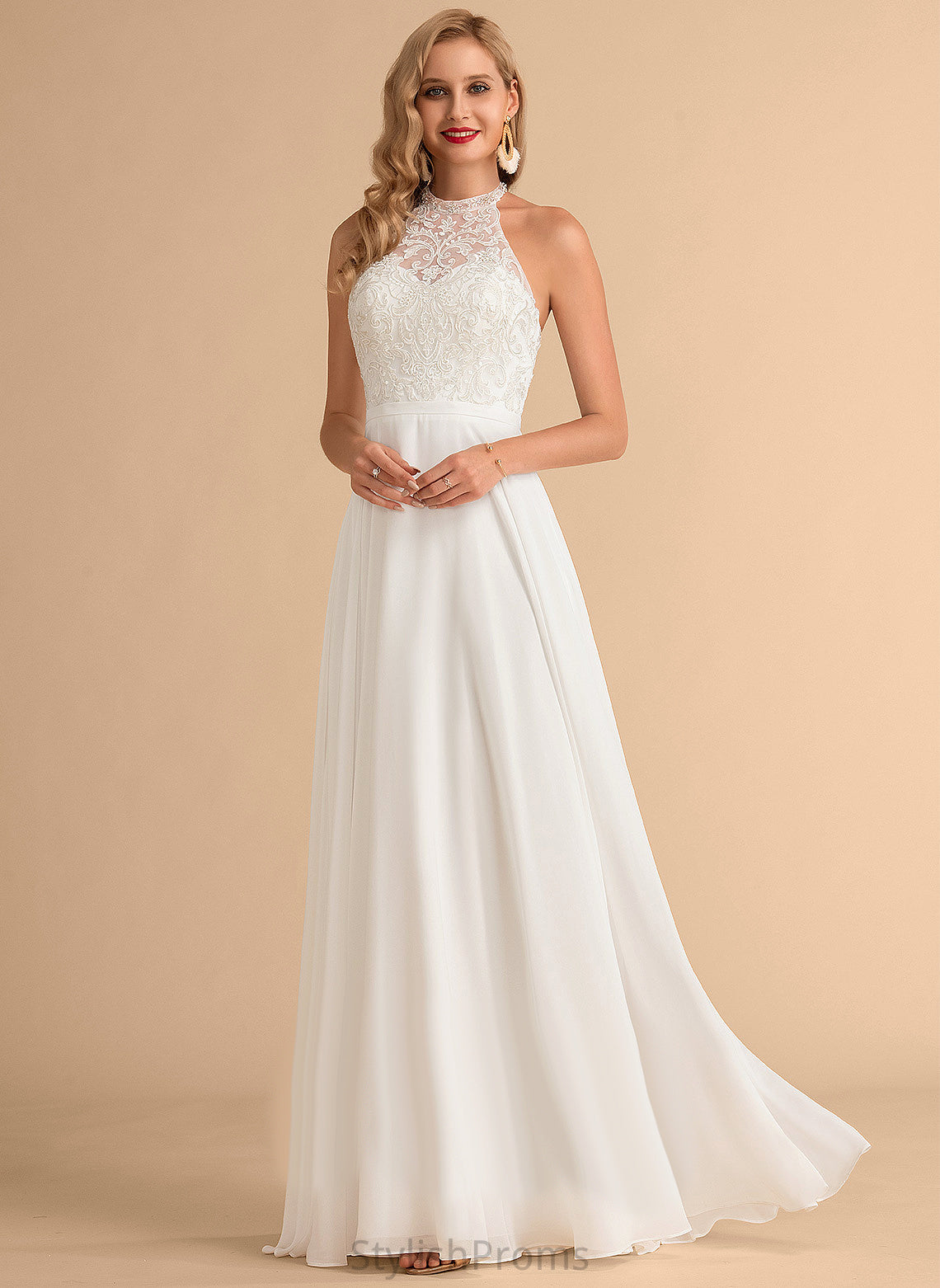 Wedding Dresses A-Line High Kit Floor-Length Neck Chiffon Lace Dress Wedding