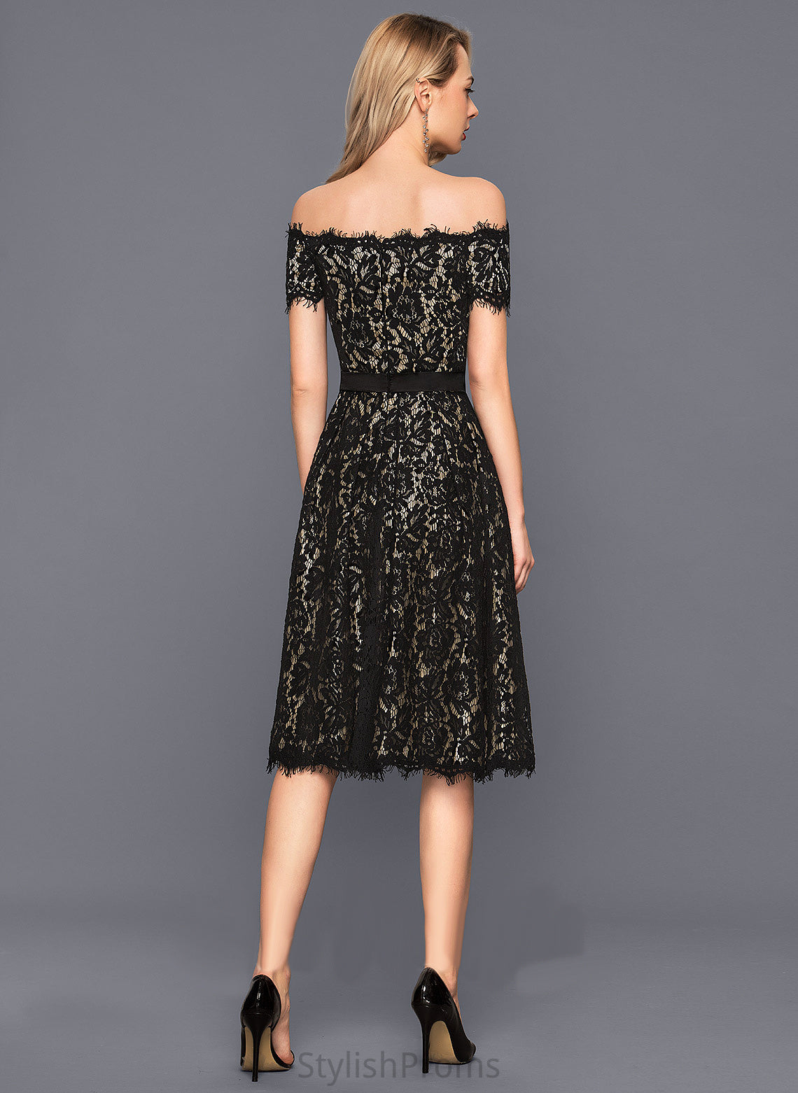 Lace Charmeuse Jadyn Off-the-Shoulder A-Line Dress Cocktail Cocktail Dresses Knee-Length