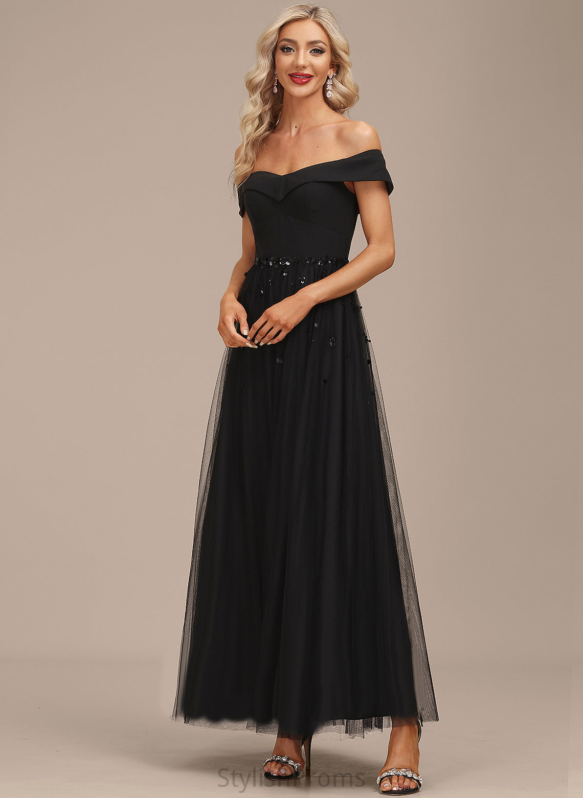 Sequins Cocktail Dresses Off-the-Shoulder A-Line Cocktail With Ankle-Length Dress Chiffon Beading Nathaly Tulle