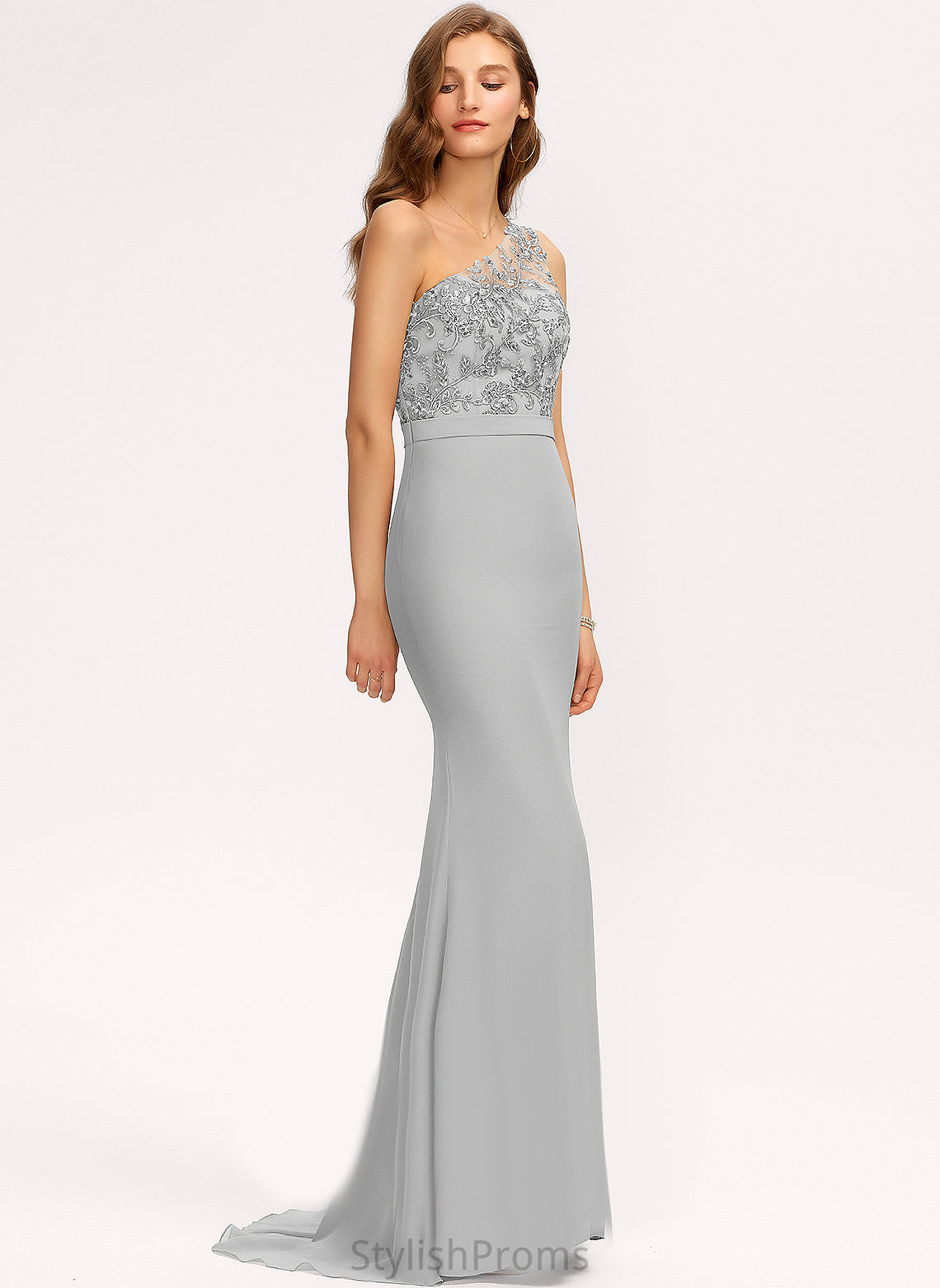 Silhouette Embellishment SweepTrain Length Trumpet/Mermaid Sequins Neckline Fabric One-Shoulder Roberta Half Sleeves Floor Length Bridesmaid Dresses