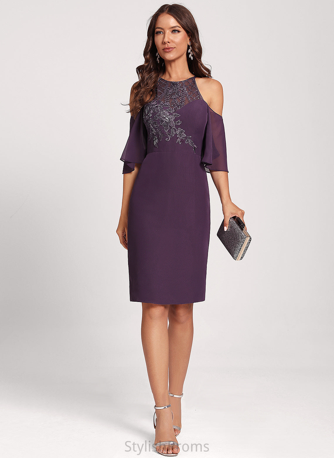 Cold With Sequins Shoulder Dress Lace Knee-Length Keira Chiffon Club Dresses Cocktail Sheath/Column