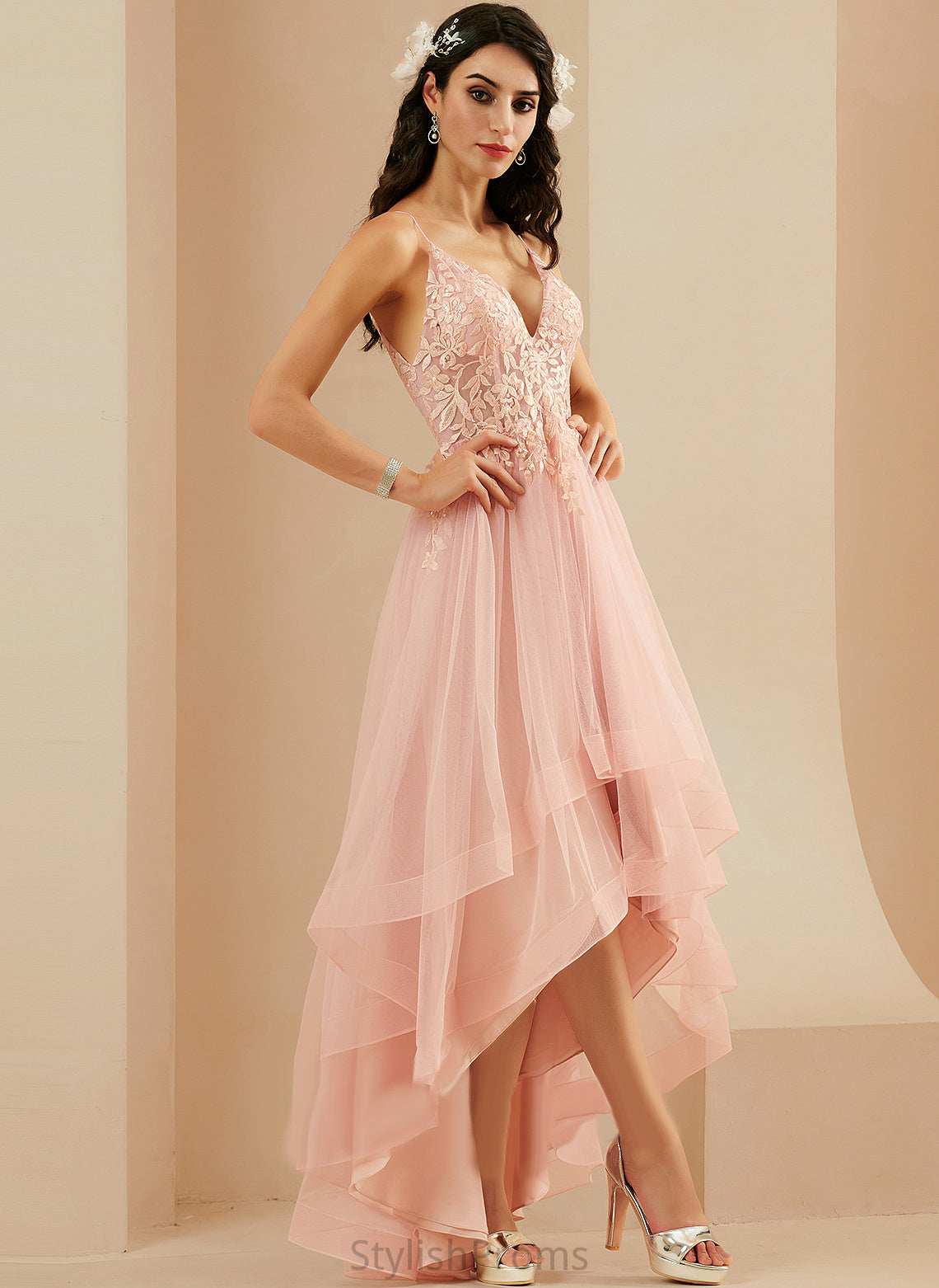 Brynn Asymmetrical Ball-Gown/Princess Prom Dresses V-neck Lace Tulle