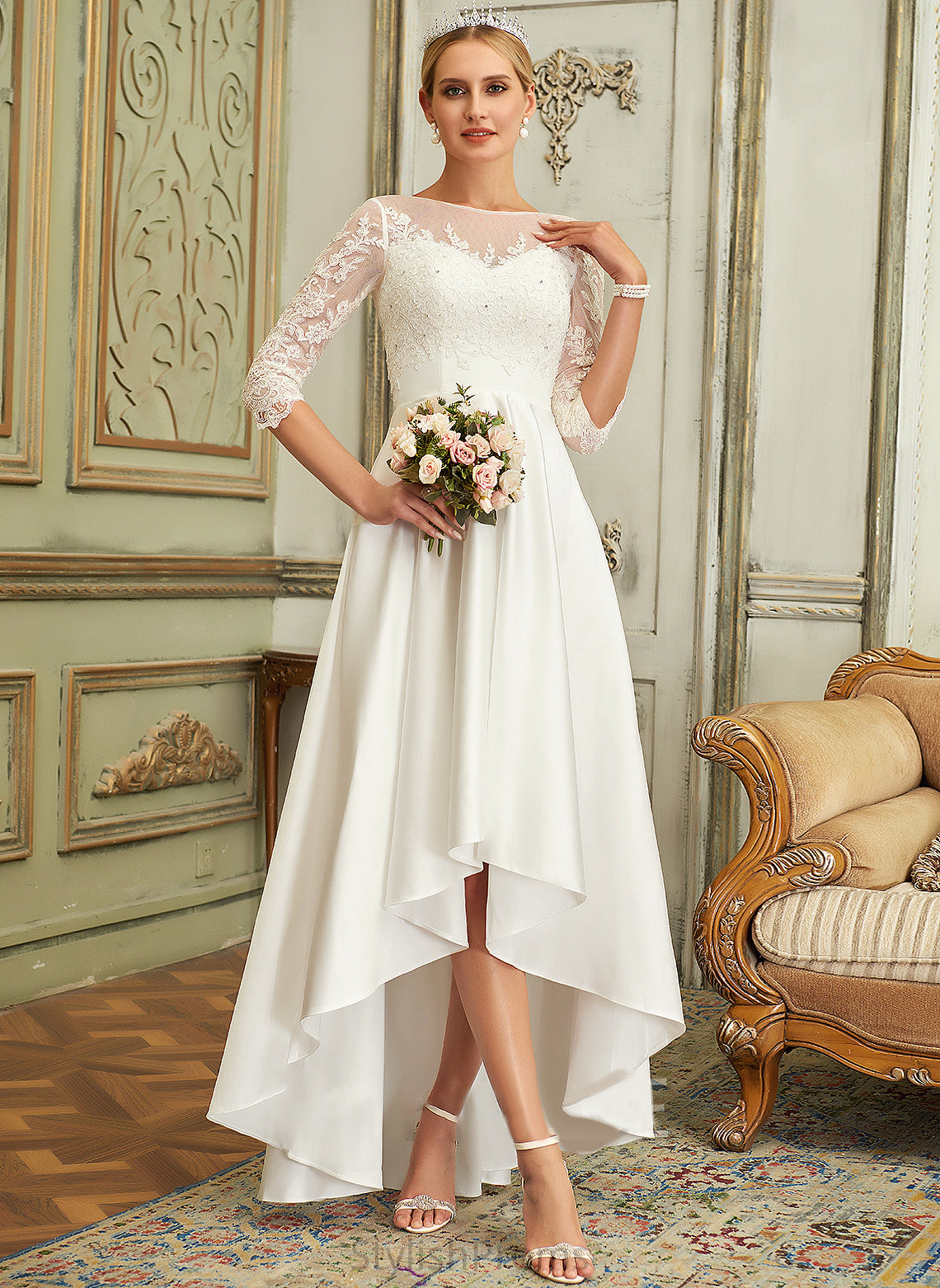 Estrella Wedding Lace Wedding Dresses Scoop Dress Neck Asymmetrical A-Line Satin