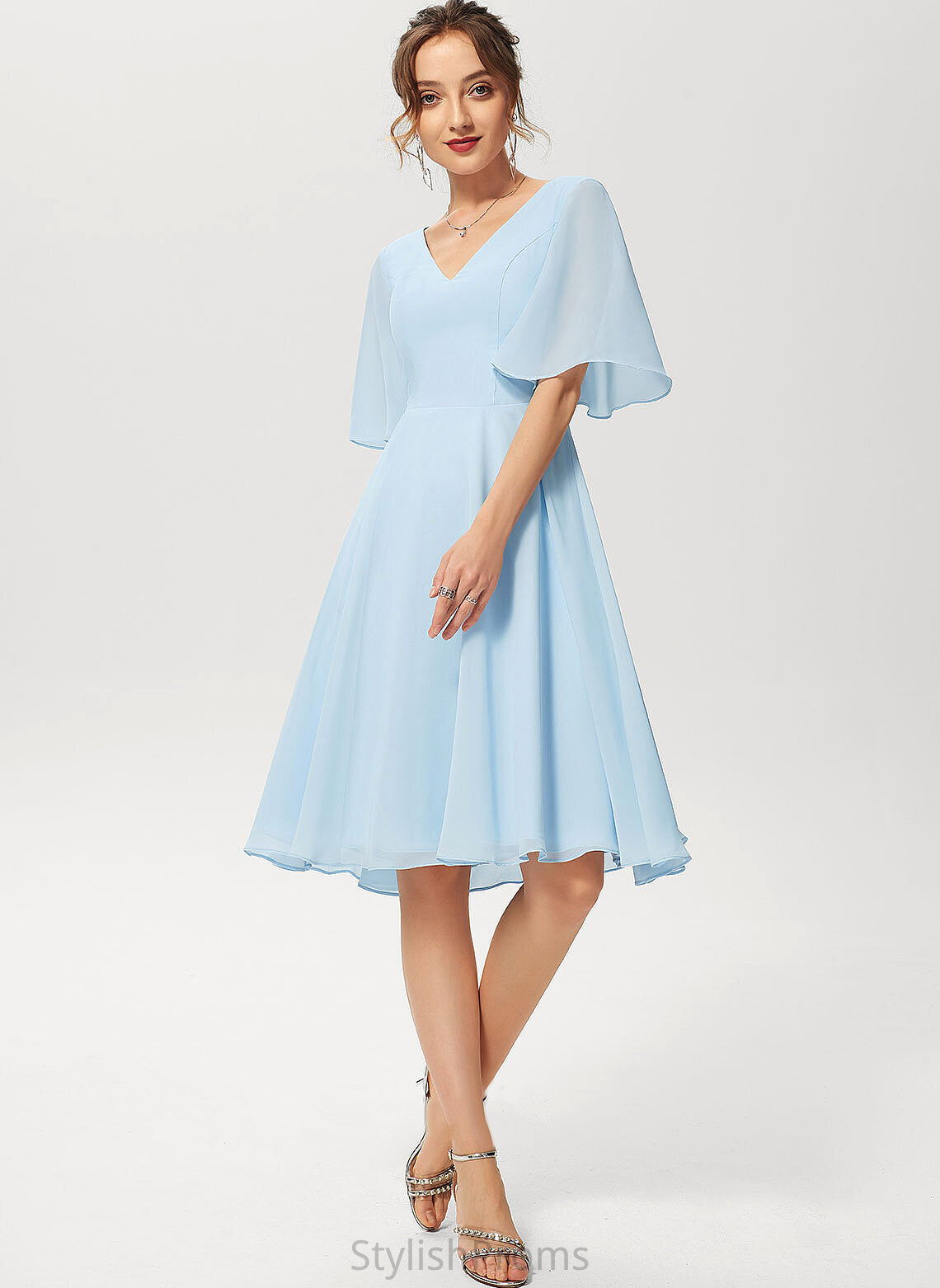 V-neck Dress Knee-Length Chiffon Cocktail A-Line Aliza Cocktail Dresses