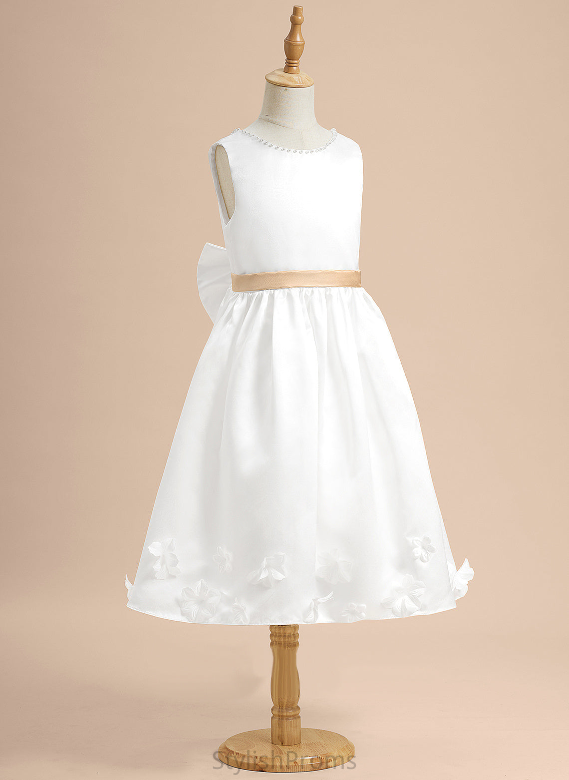 Girl Sash/Beading/Flower(s)/Bow(s) Flower Sleeveless Joyce With Flower Girl Dresses - A-Line Satin Scoop Tea-length Neck Dress