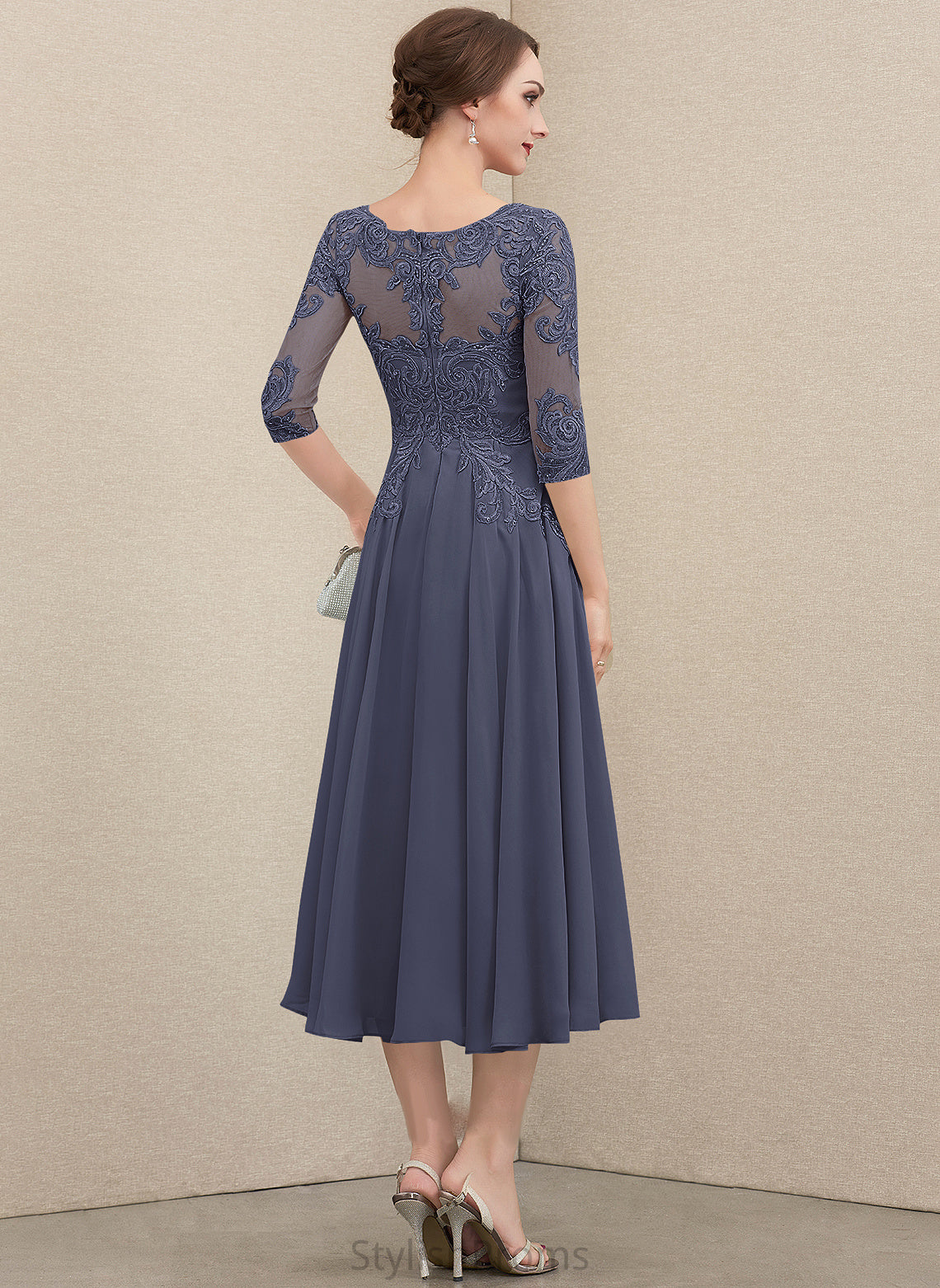 Tea-Length Lace Cocktail A-Line Melany Sequins Cocktail Dresses Scoop Chiffon Neck Dress Beading With