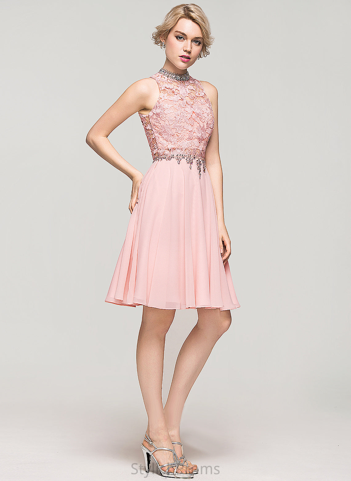 Beading Jaqueline Chiffon Lace Dress Lace A-Line Cocktail Dresses High Cocktail Neck Sequins Knee-Length With