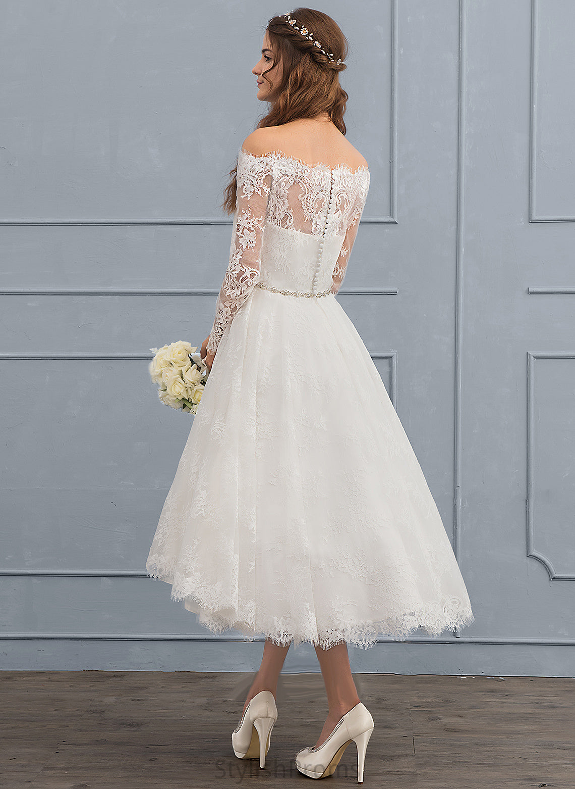 Off-the-Shoulder Asymmetrical Dress Lace A-Line Wedding Wedding Dresses Brielle With Beading