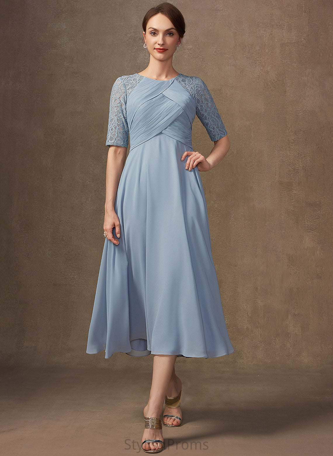 Lace Tea-Length Cocktail Scoop With Dress Cocktail Dresses Neck Chiffon Ruffle Averie A-Line