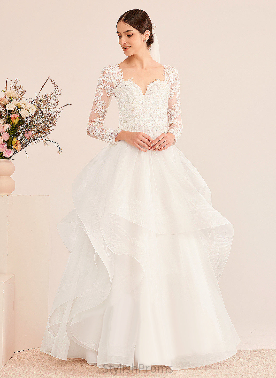 Tulle Ball-Gown/Princess Lace Sequins V-neck With Wedding Beading Yadira Wedding Dresses Floor-Length Dress