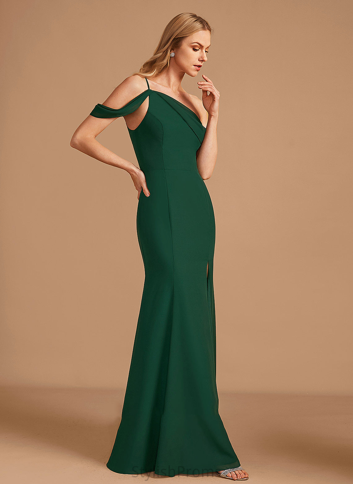 One-Shoulder Floor-Length Silhouette Fabric Length Neckline Embellishment SplitFront Trumpet/Mermaid Pamela High Low Spaghetti Staps Bridesmaid Dresses