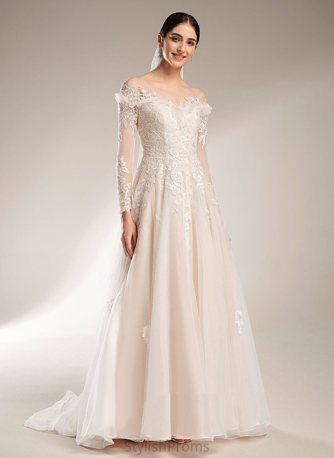 Wedding Court Off-the-Shoulder Train With Ball-Gown/Princess Wedding Dresses Tulle Jessie Lace Dress Sequins