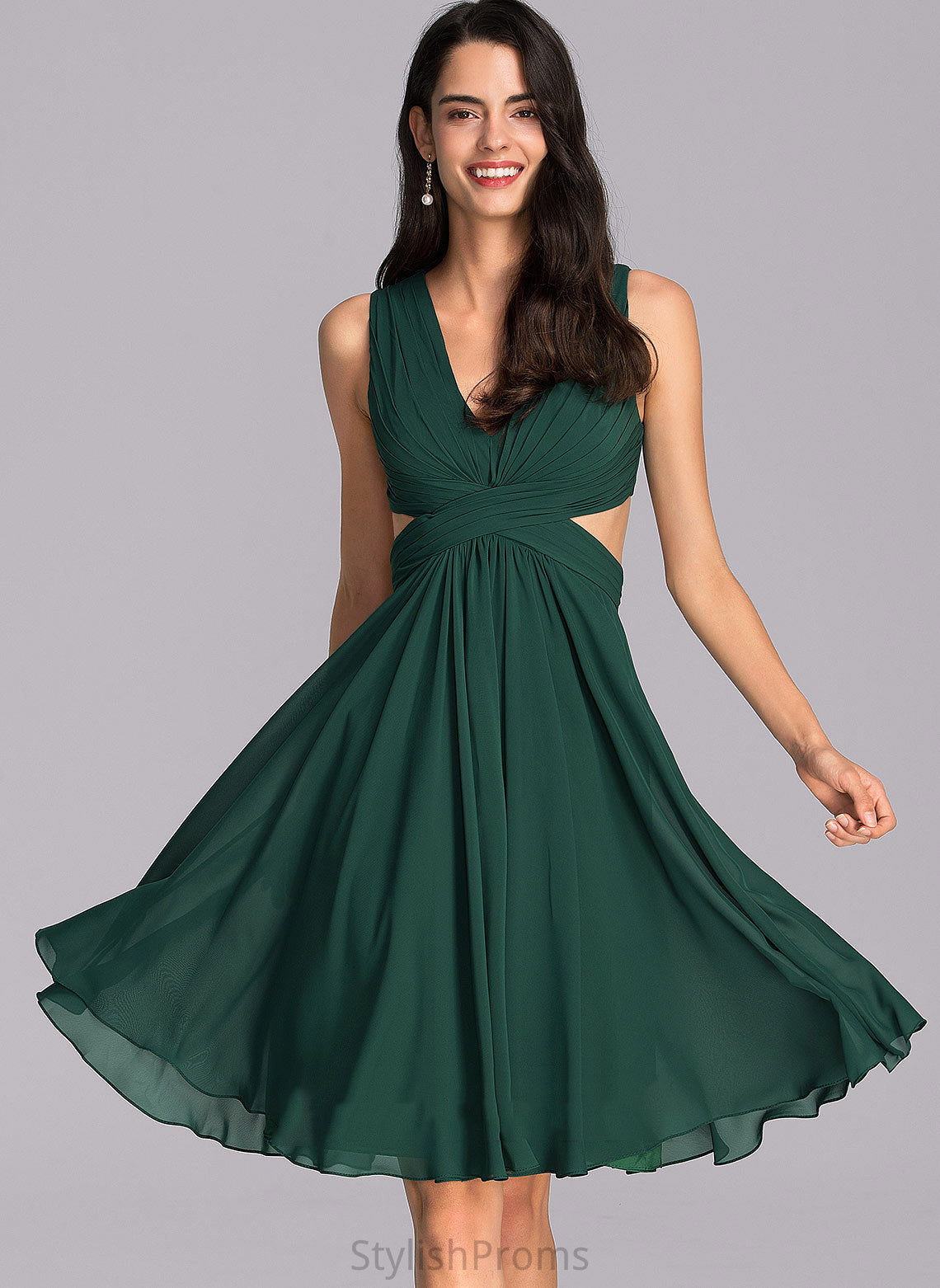 Ashleigh Chiffon Dress Cocktail Ruffle Cocktail Dresses V-neck With Knee-Length A-Line