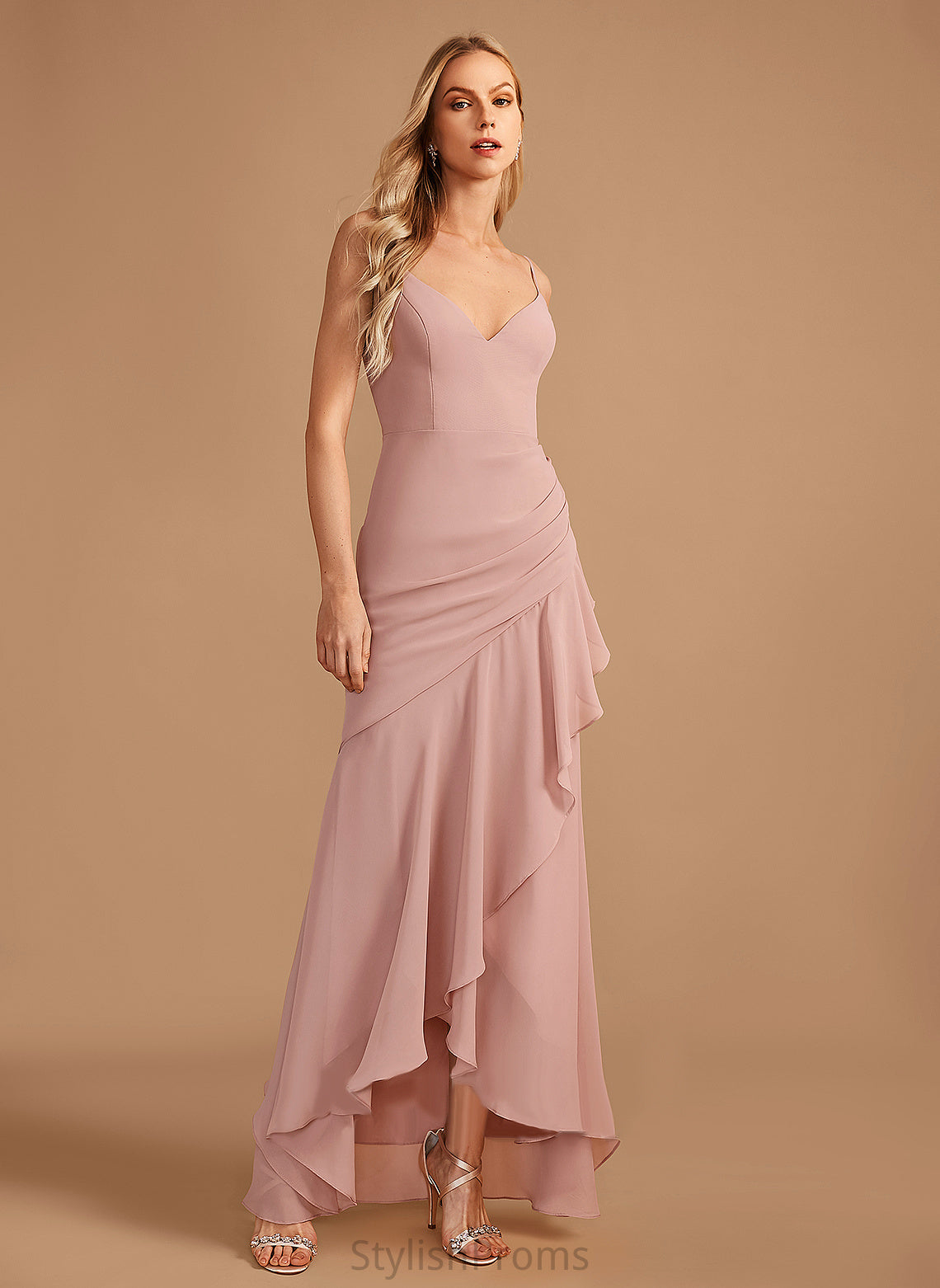 Length Neckline Embellishment V-neck Trumpet/Mermaid Asymmetrical Fabric Silhouette Ruffle Rachael A-Line/Princess Floor Length Bridesmaid Dresses