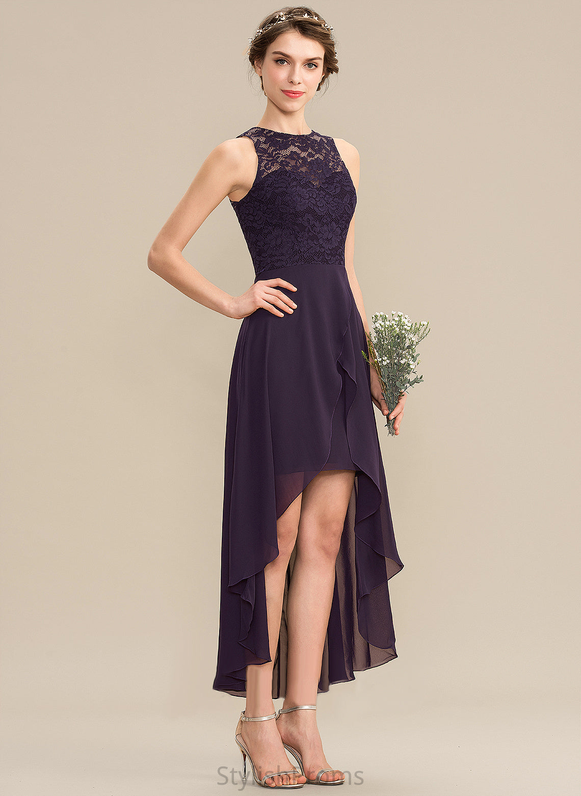 Asymmetrical Lace Cocktail Dresses Scoop Neck Cocktail A-Line Dress Chiffon Marian