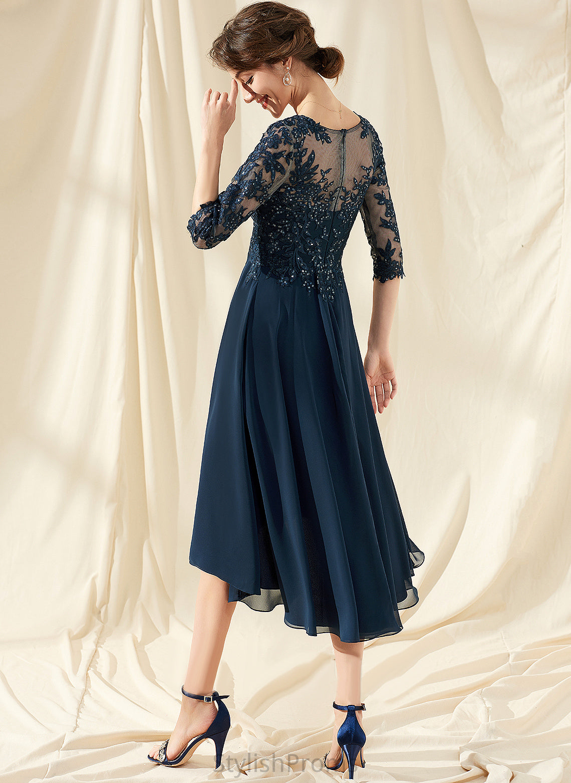 Sequins V-neck With Cocktail A-Line Dress Chiffon Lace Cocktail Dresses Tess Asymmetrical