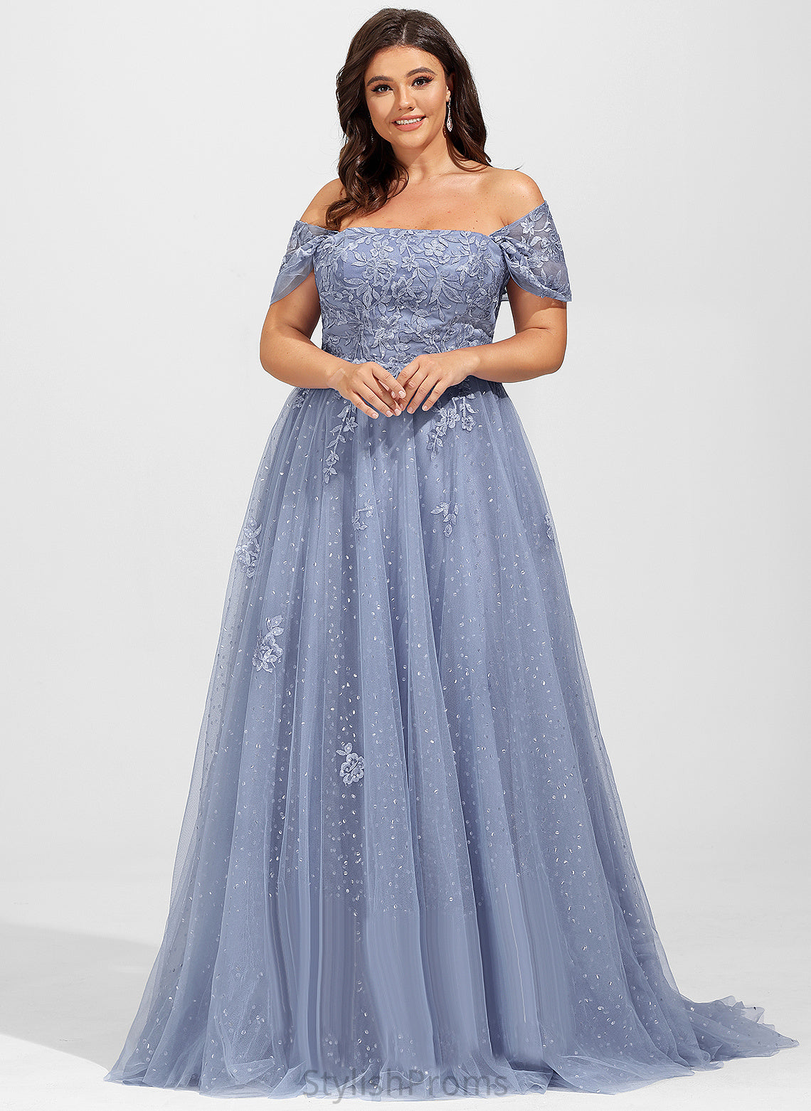 With Ashanti Sequins Lace Tulle Train Prom Dresses Sweep Off-the-Shoulder Ball-Gown/Princess