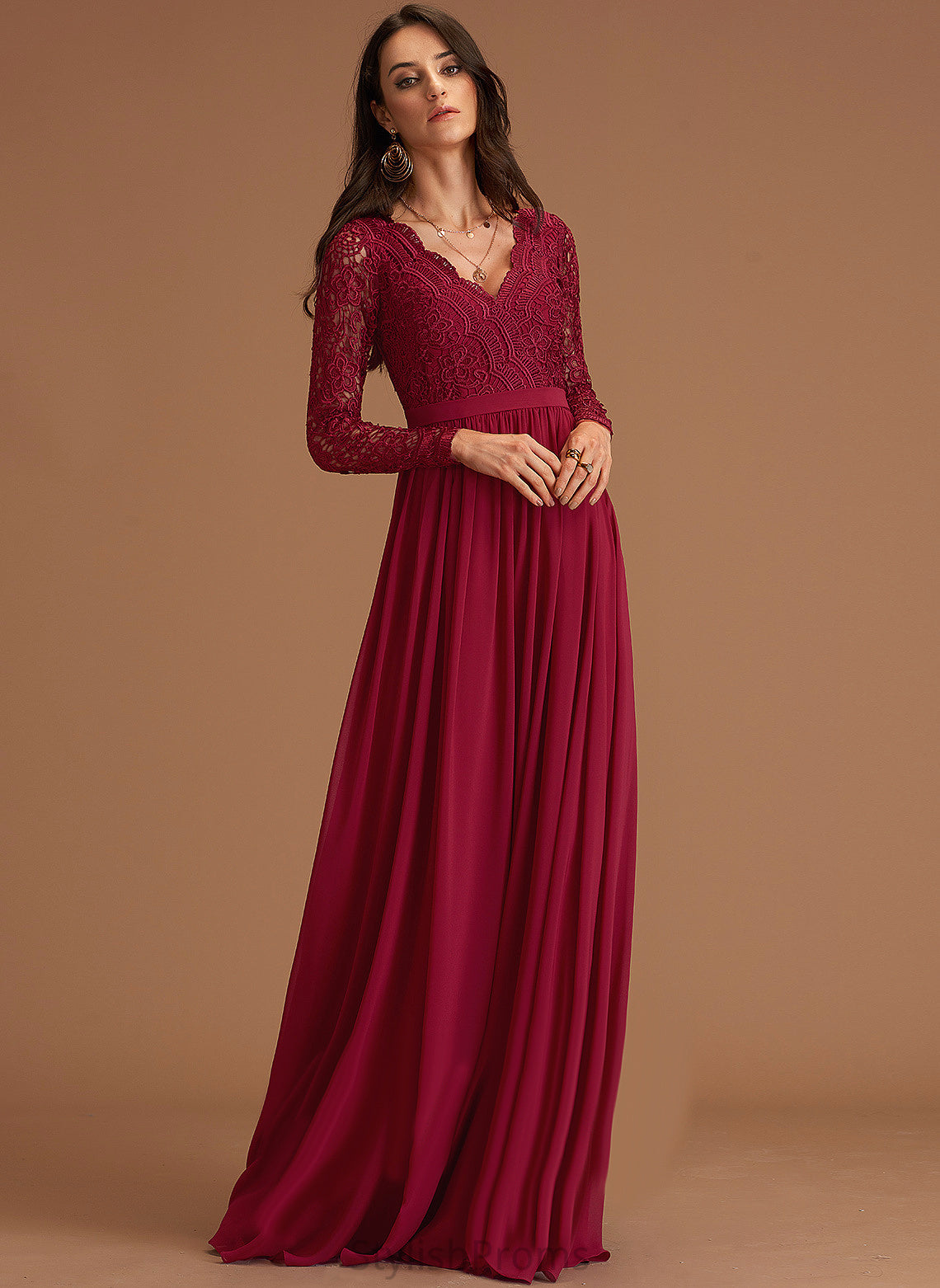 Floor-Length A-Line Silhouette Neckline Fabric Length V-neck Lace Straps&Sleeves Liberty Floor Length V-Neck Bridesmaid Dresses