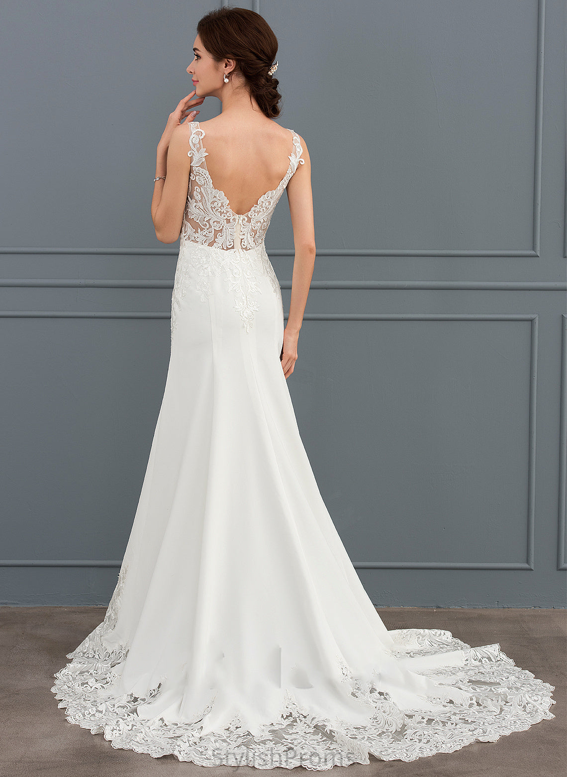 Trumpet/Mermaid Court V-neck Wedding Dresses Stretch Aliya With Crepe Sequins Dress Lace Wedding Train