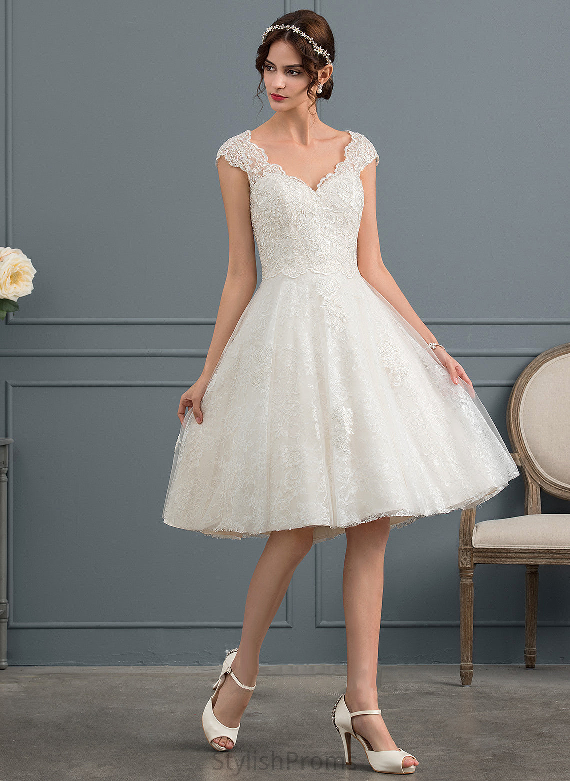 Wedding Dress Lace Knee-Length A-Line Tulle Wedding Dresses Ashtyn V-neck