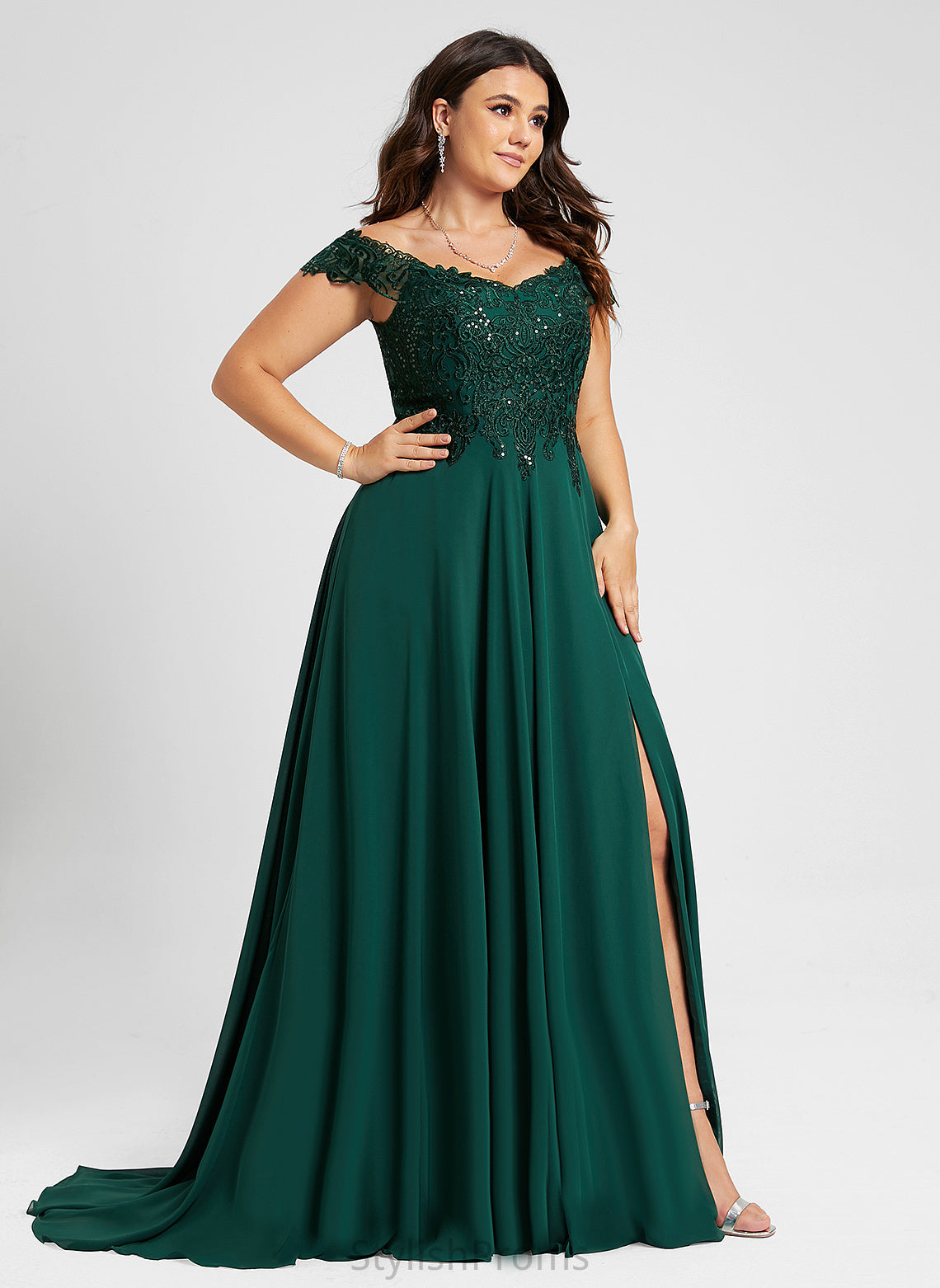 Off-the-Shoulder Chiffon Sweep Lace With Mildred A-Line Sequins Prom Dresses Train