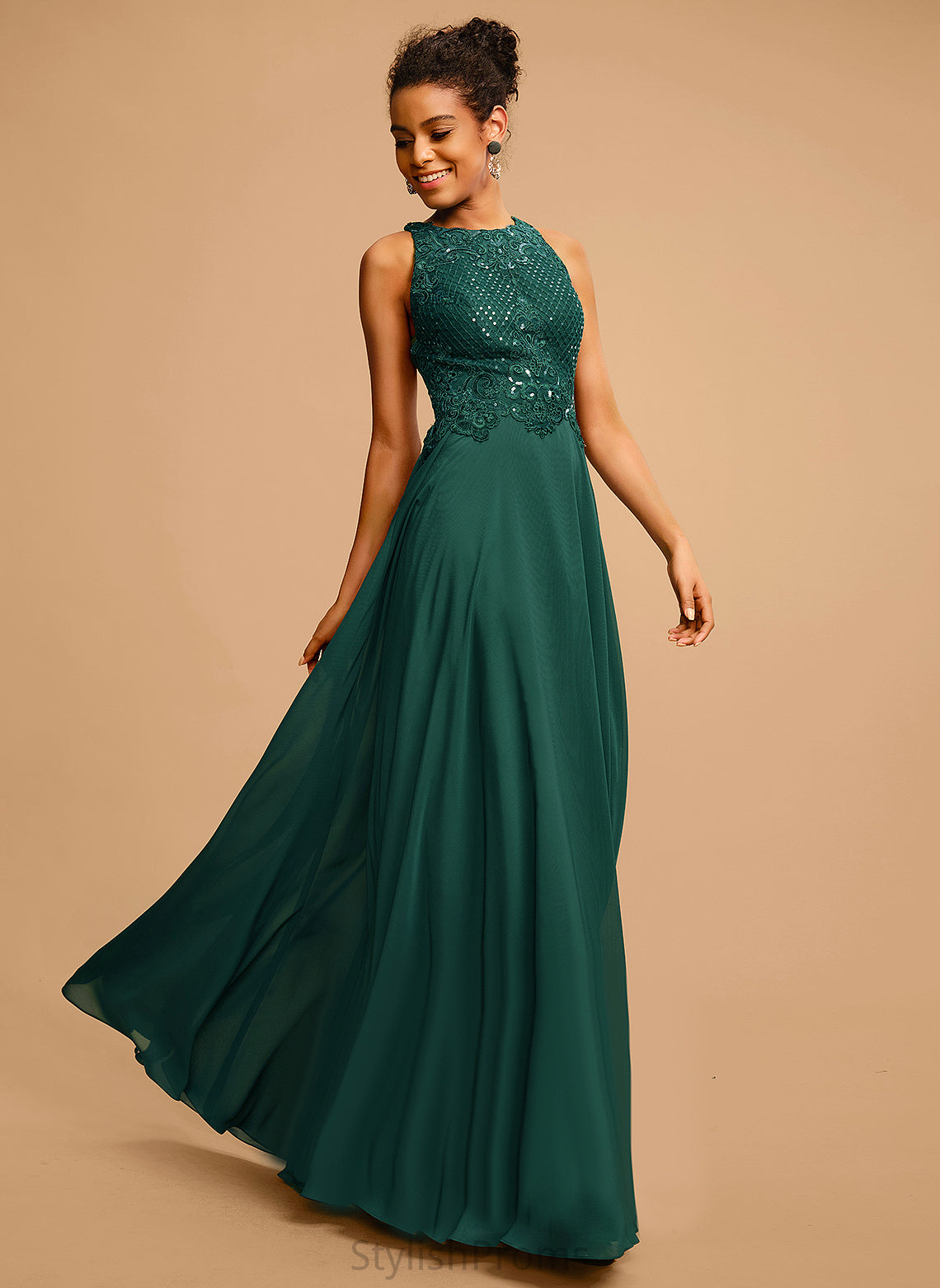 Chiffon Floor-Length With Scoop Lace Sequins Hope Prom Dresses A-Line