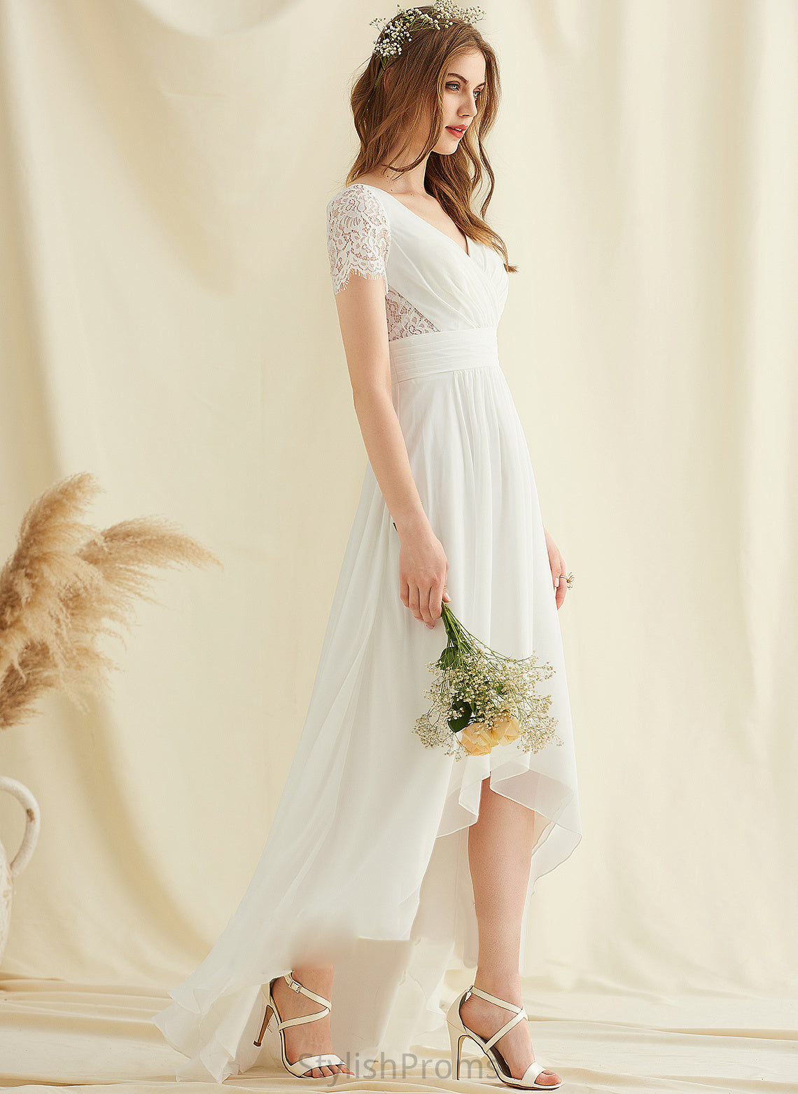 Wedding Dresses Asymmetrical Wedding V-neck Shea Dress A-Line Chiffon Lace