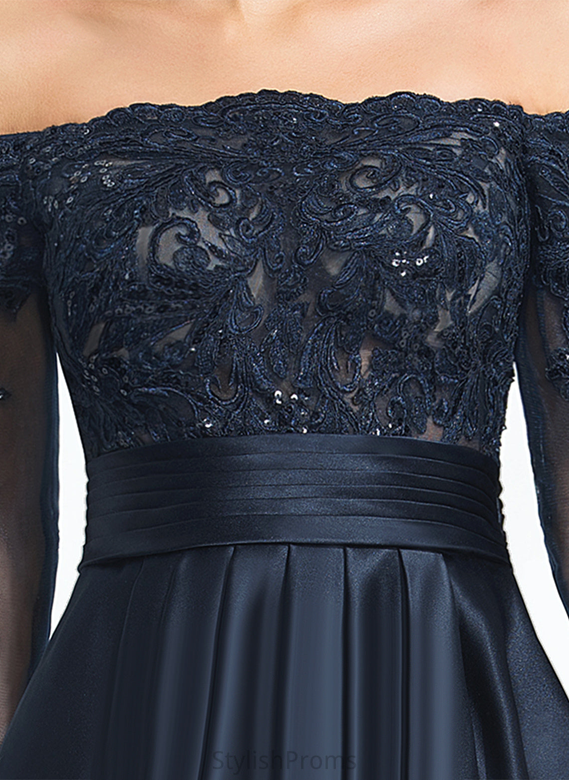 Cassandra With Asymmetrical A-Line Sequins Lace Ruffles Prom Dresses Satin Cascading Off-the-Shoulder