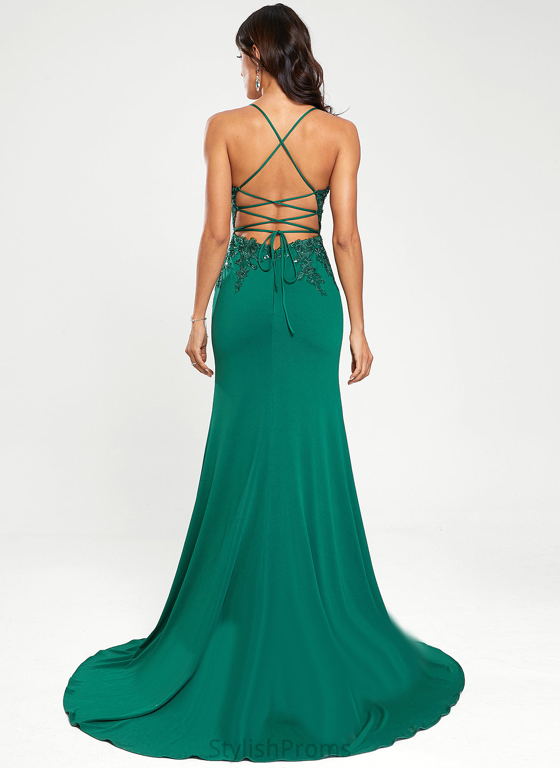 V-neck Sweep Train Jersey With Trumpet/Mermaid Sequins Bella Prom Dresses