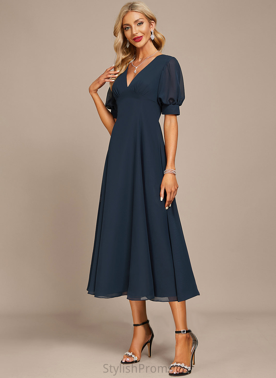 Cocktail V-neck Dress Tea-Length Meredith A-Line Chiffon Cocktail Dresses With Ruffle