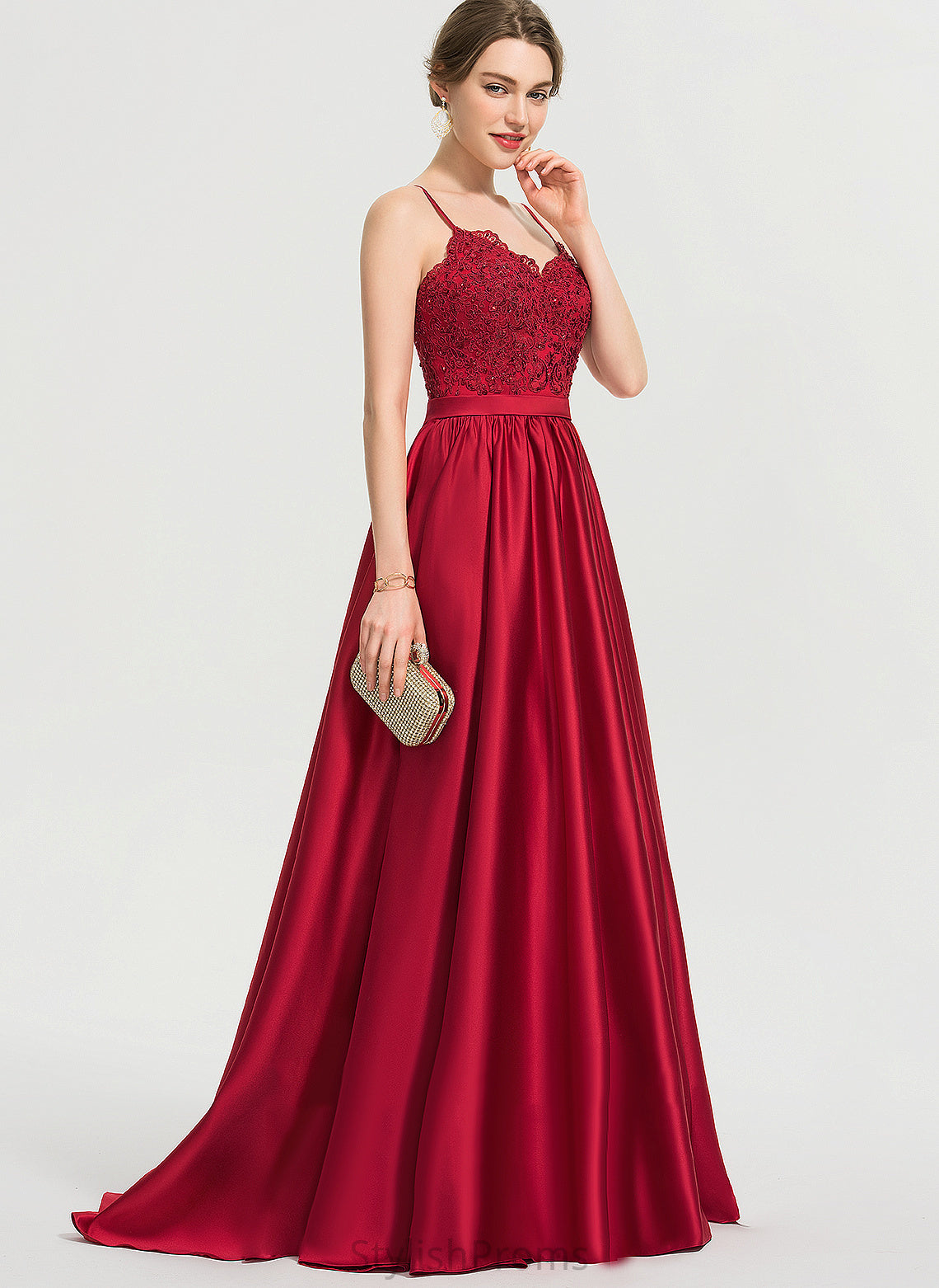 With Train V-neck Beading Lace Sequins Carley Ball-Gown/Princess Sweep Prom Dresses Satin