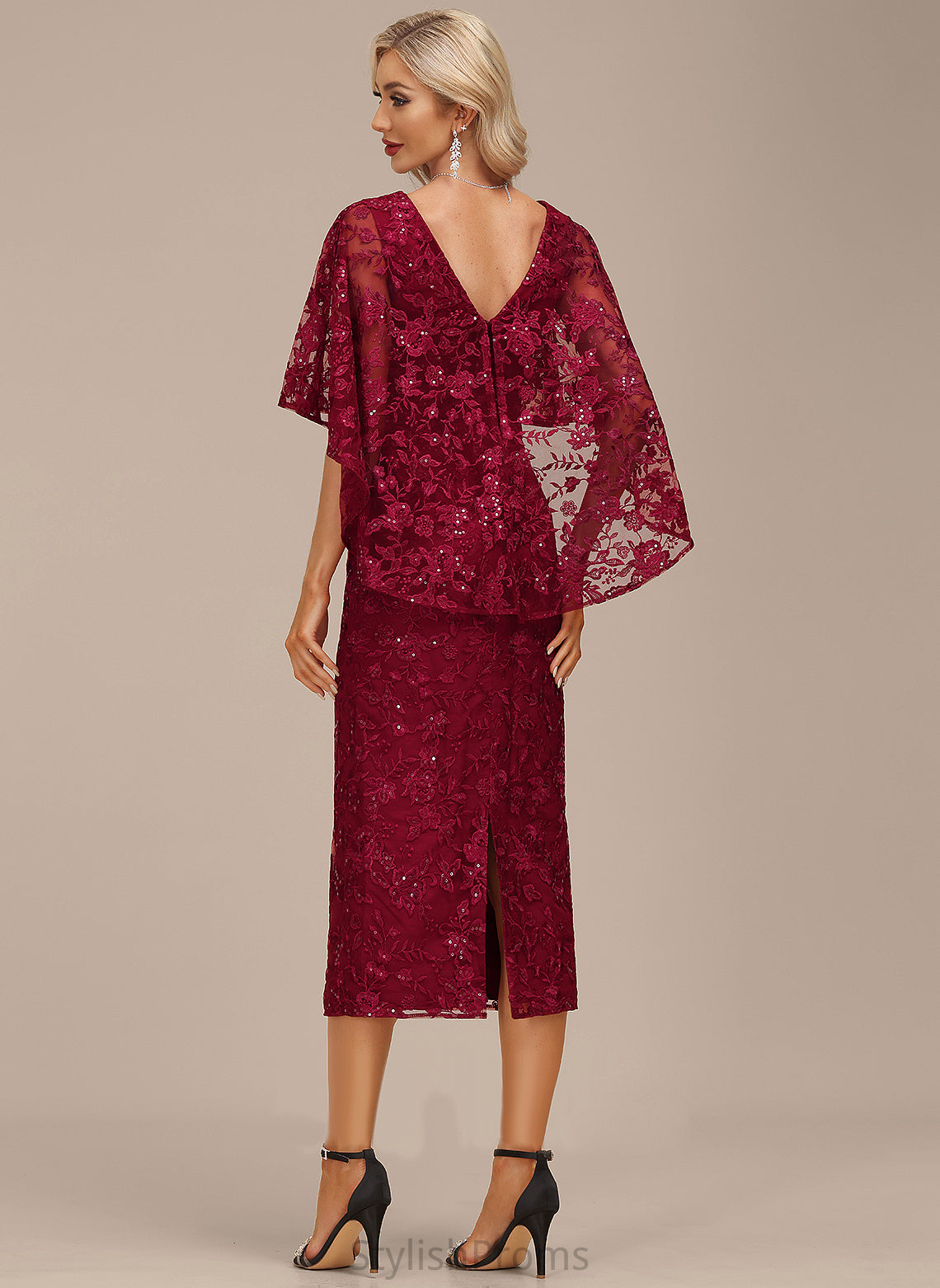 Sequins Tea-Length Sheath/Column Lorna Cocktail Dresses With Dress V-neck Cocktail Lace