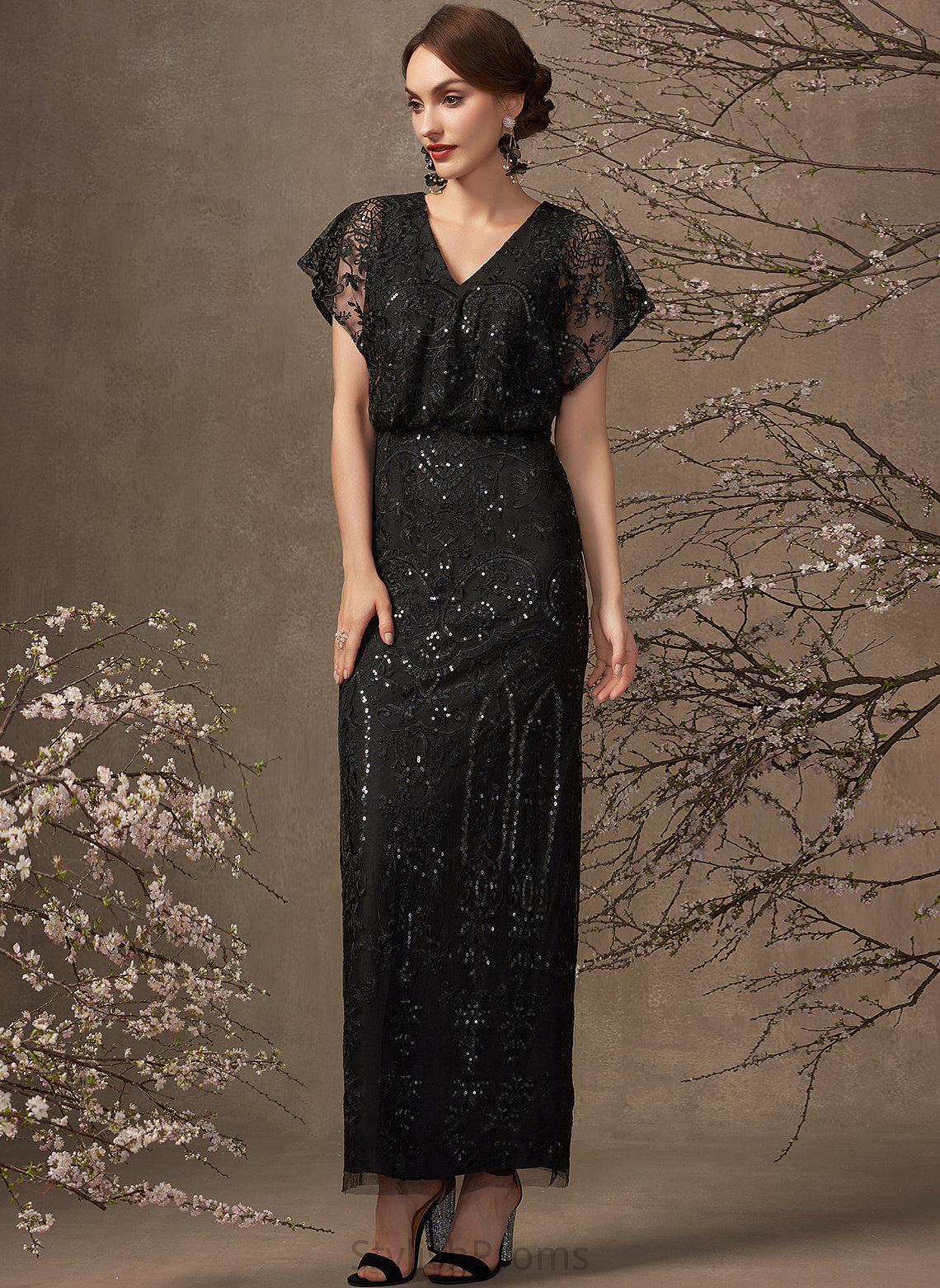 Addison Dress Chiffon Ankle-Length Sequins Cocktail Lace V-neck With Sheath/Column Cocktail Dresses