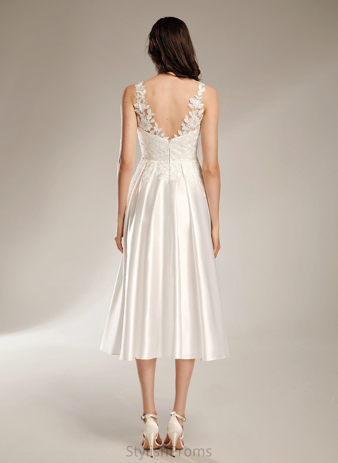 Tea-Length Satin Michaelia A-Line With Wedding Pockets Wedding Dresses Lace Dress V-neck