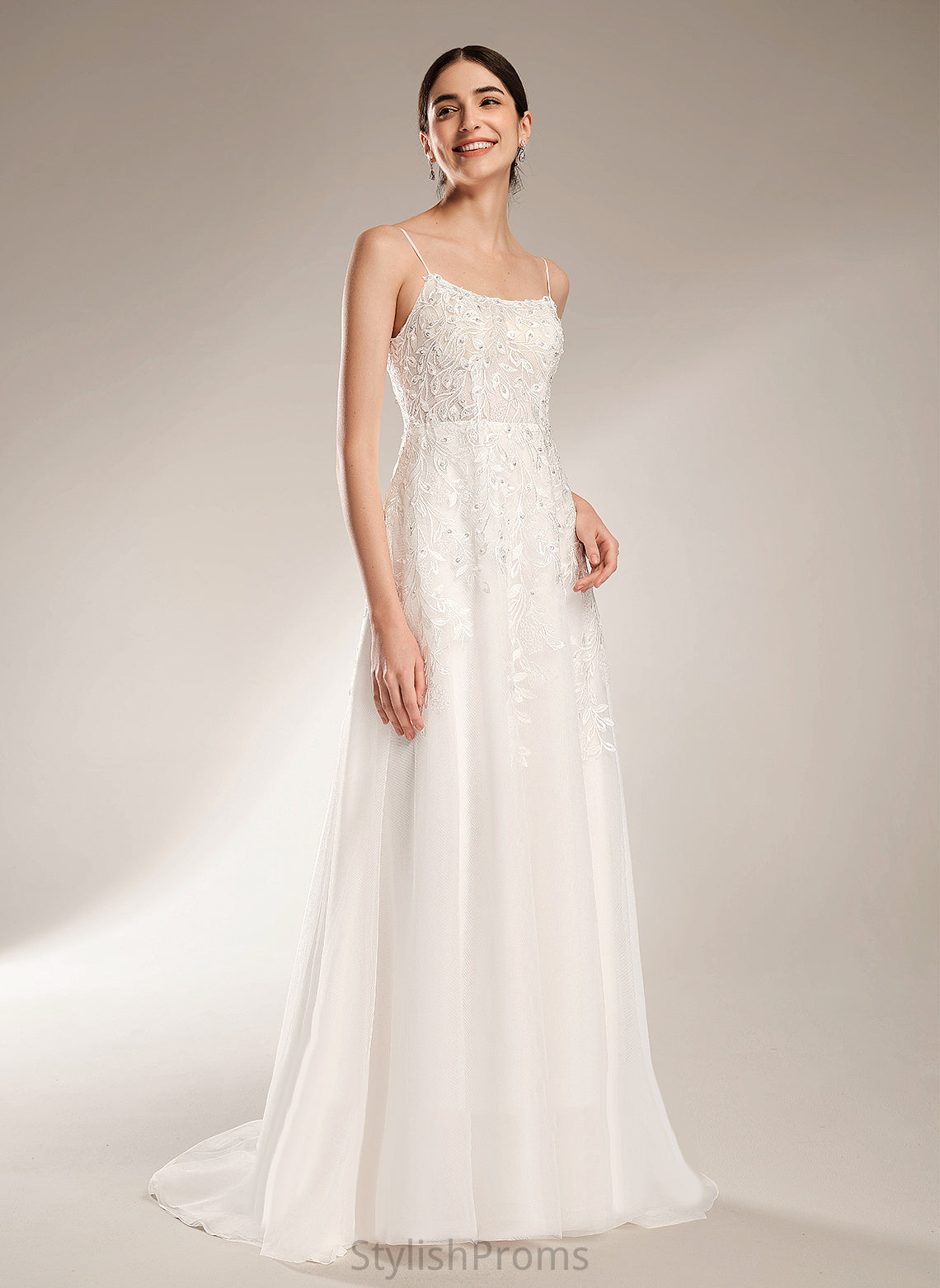 Dress Sequins Beading Tulle A-Line Lace Train Ciara Neckline With Wedding Court Square Wedding Dresses