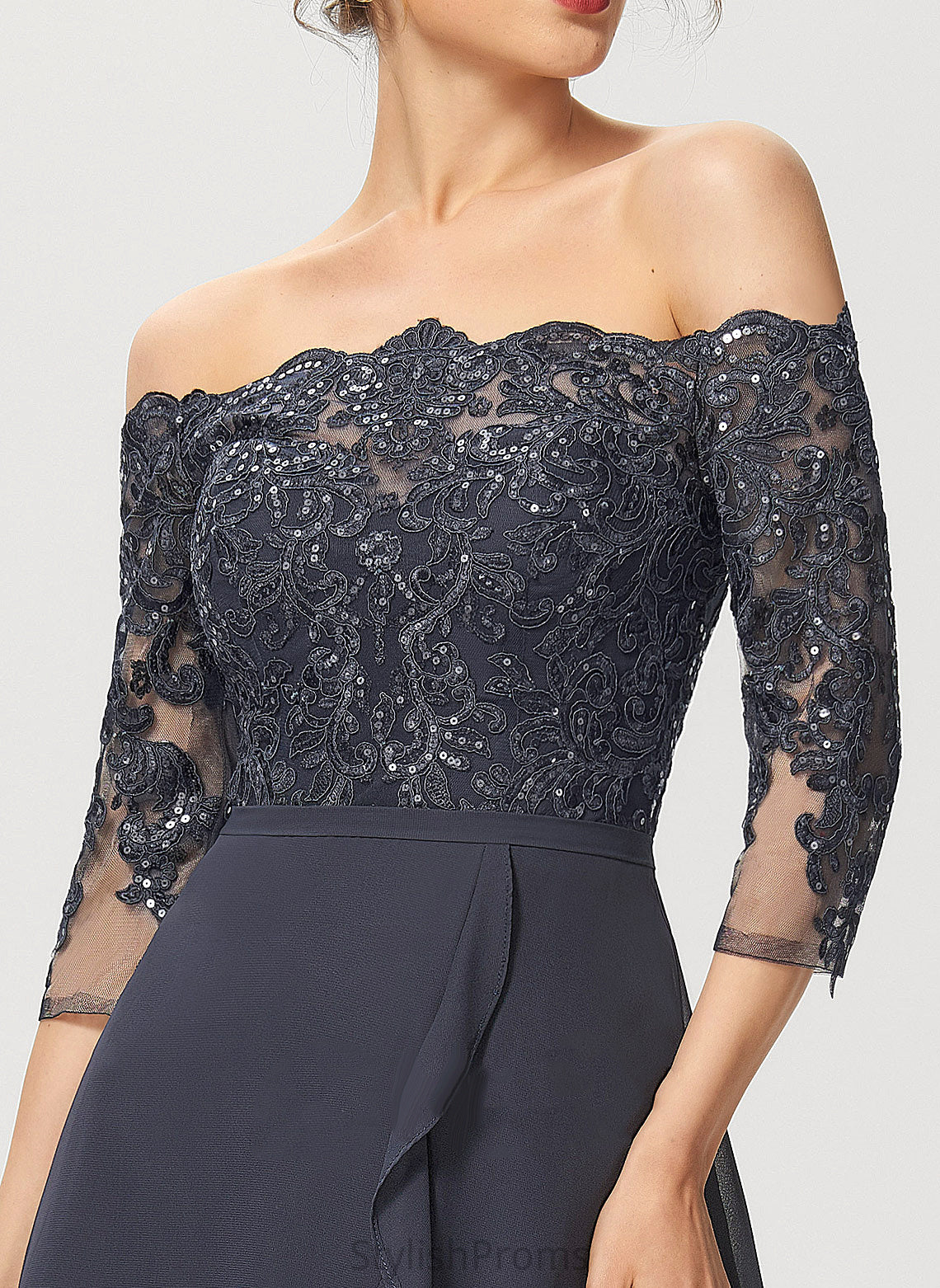 Asymmetrical A-Line Sequins Chiffon Cocktail Lace Dress Stephany Off-the-Shoulder With Cocktail Dresses