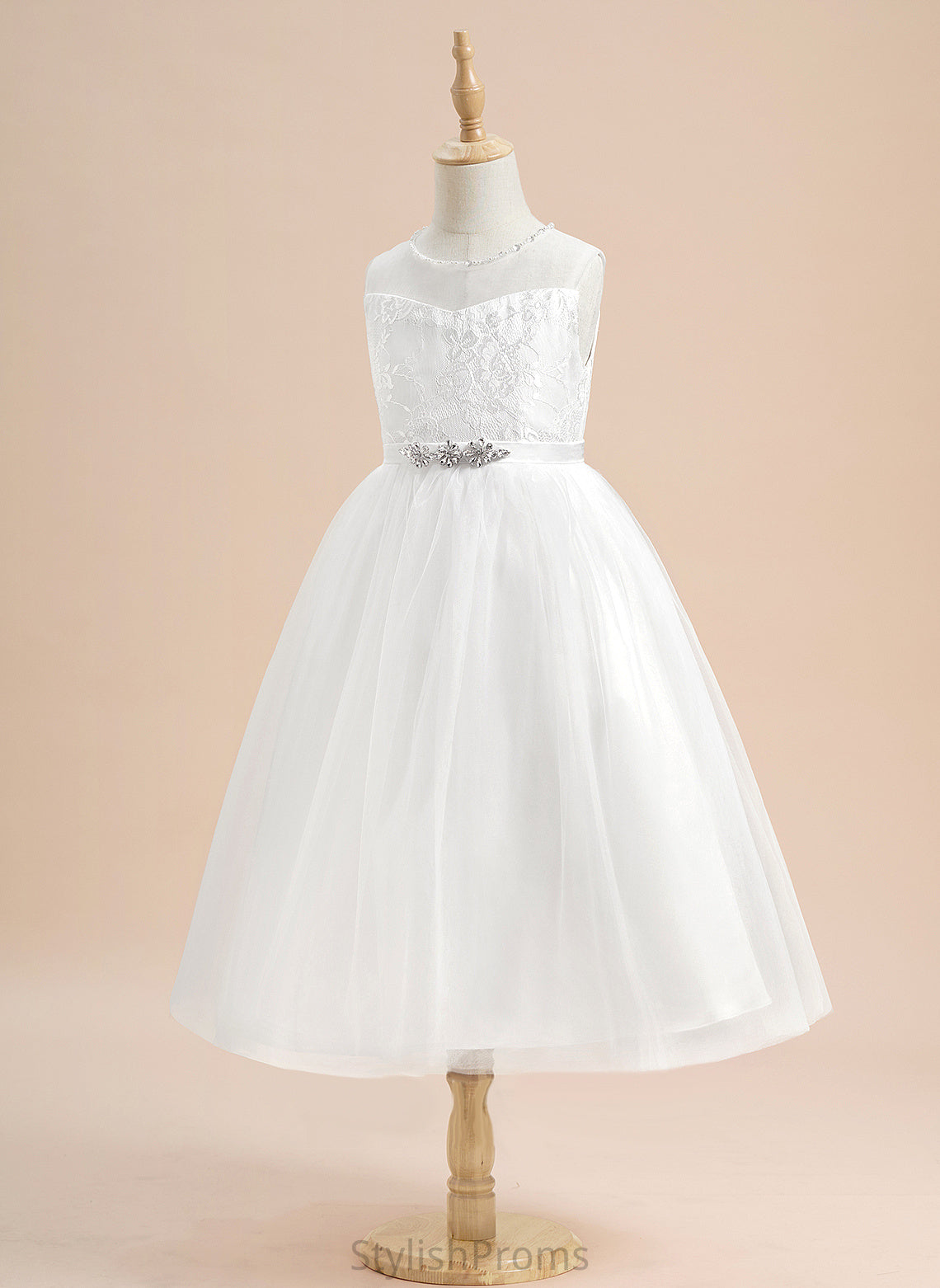 Flower Girl Dresses Sleeveless With Flower - Neck Tulle Heidi Scoop Beading Girl A-Line Dress Tea-length