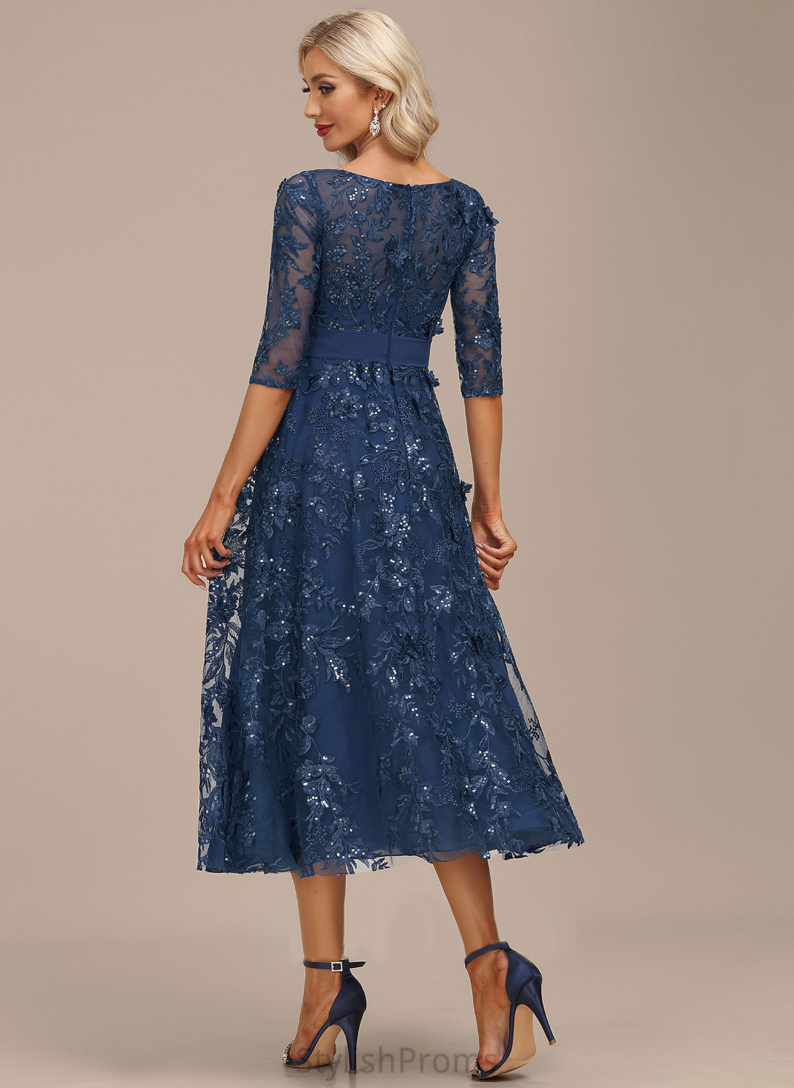 Cocktail Scoop Lace Chiffon Cocktail Dresses A-Line Sequins Tea-Length Neck Dress With Alivia