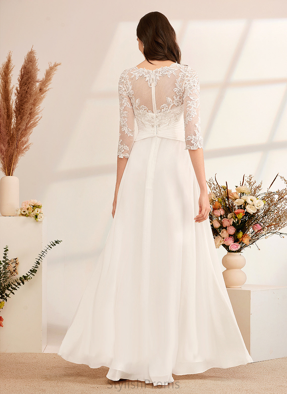 Chiffon Ruffle Wedding Dresses With Illusion Charlie Floor-Length Wedding Dress Beading A-Line Lace