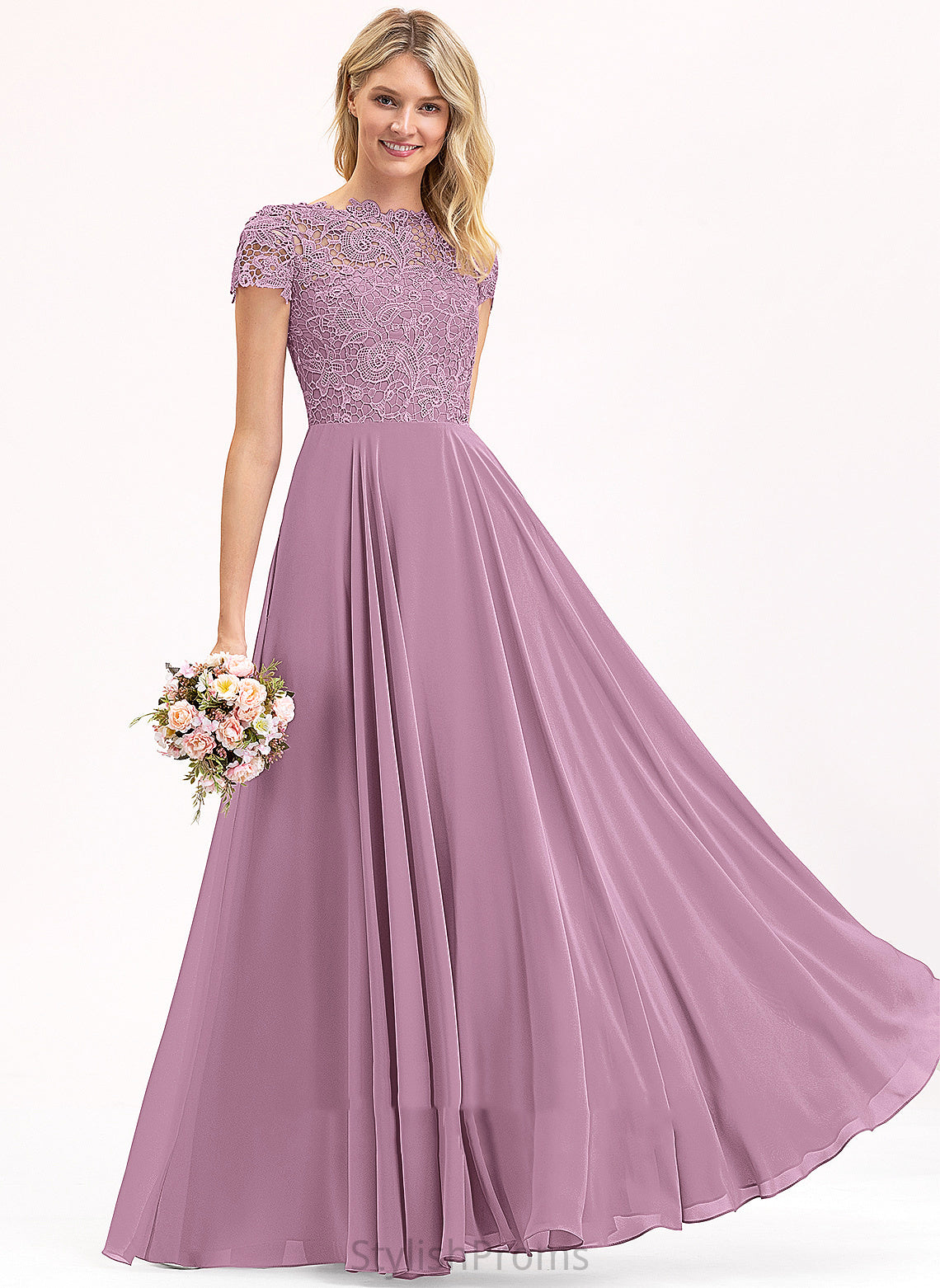 Scoop Neckline Length Silhouette A-Line Fabric Floor-Length Lace Straps&Sleeves Meredith Natural Waist V-Neck Bridesmaid Dresses