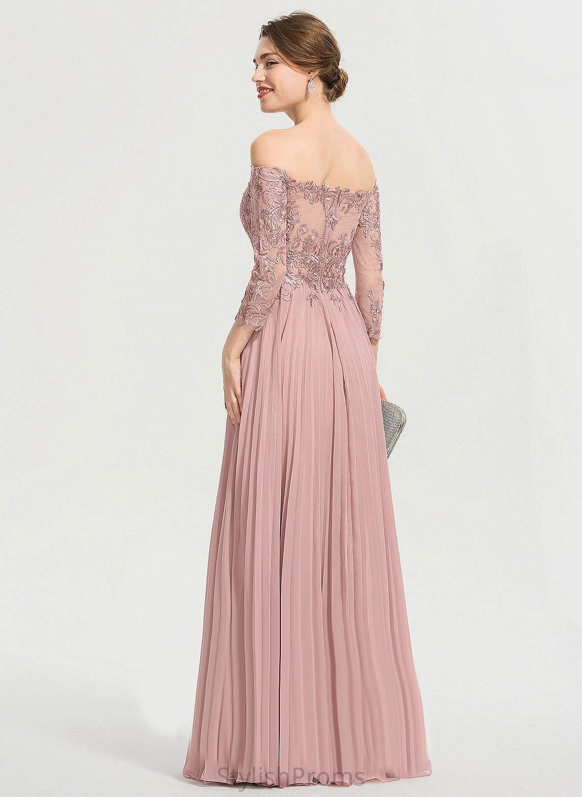 Sequins Ball-Gown/Princess Riley Off-the-Shoulder Pleated Floor-Length Lace Chiffon Prom Dresses With