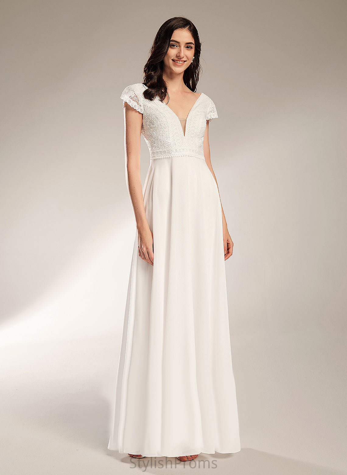 Wedding Dress V-neck Lace Chiffon A-Line Floor-Length Wedding Dresses Peyton