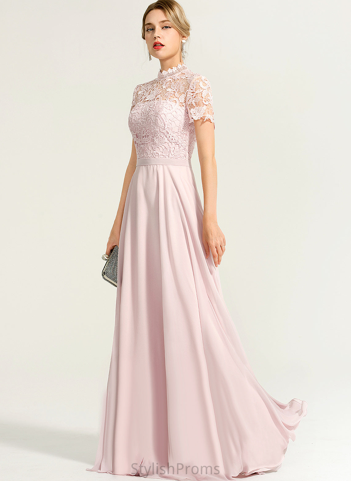 A-Line Illusion Neckline Length HighNeck Lace Silhouette Straps&Sleeves Fabric Floor-Length Saige Floor Length Bridesmaid Dresses