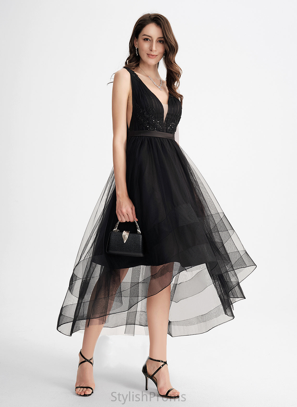 V-neck Tulle Cocktail Dresses A-Line Sequins Lace Asymmetrical With Cocktail Dress Sharon