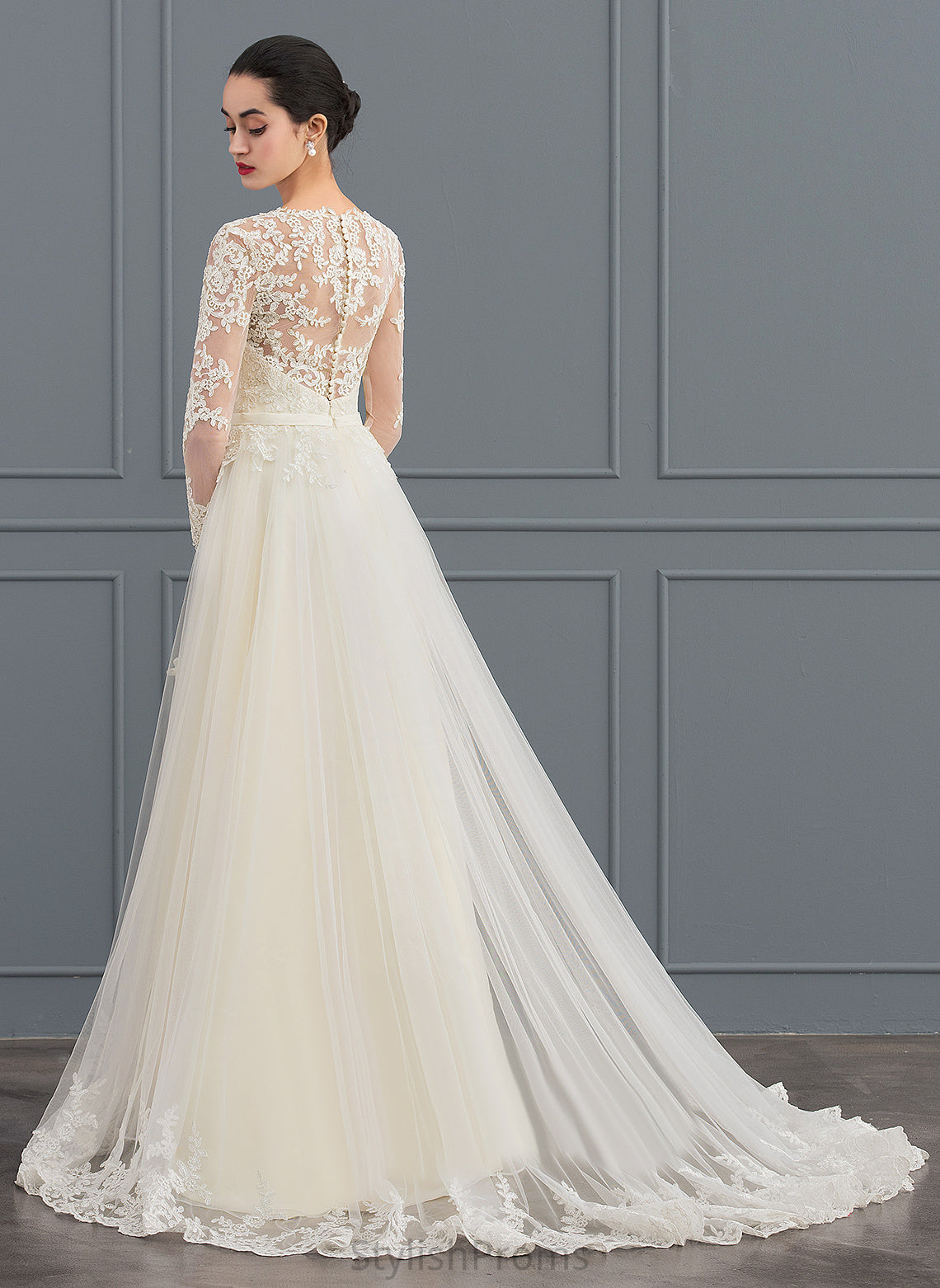 Zoie Train Ball-Gown/Princess Sweep Dress Wedding Lace V-neck Tulle Wedding Dresses